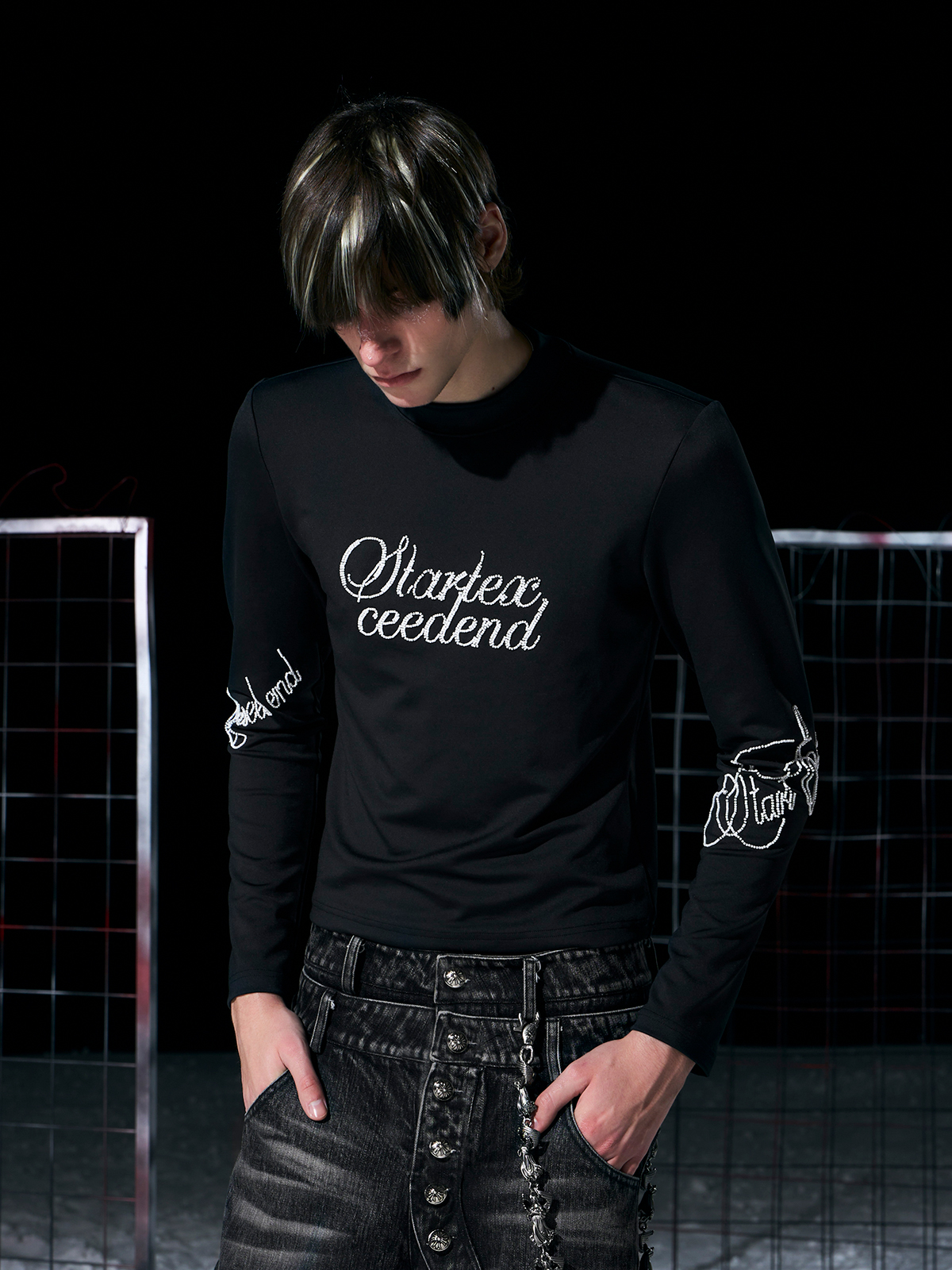 BLACK RHINESTONE SCRIPT MOCK NECK LONG SLEEVE