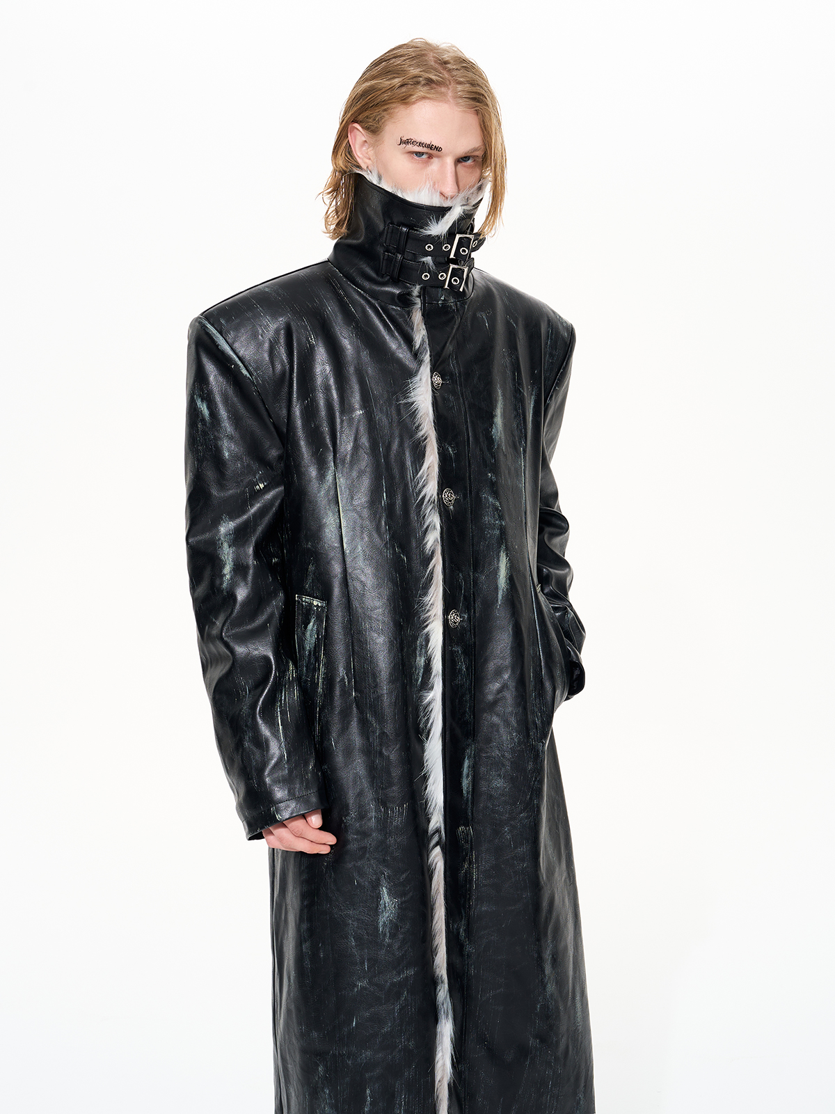 DISTRESSED BLACK FUR LINED BUCKLE TRENCH-START EXCEED END