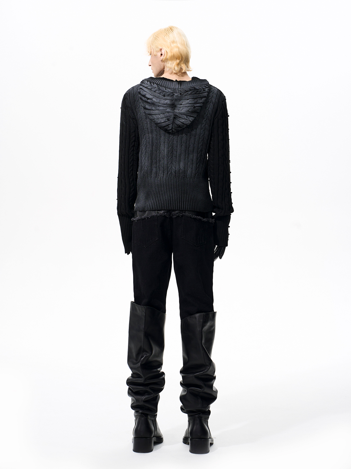 WASHED BEADED CABLE KNIT HOODIE-START EXCEED END
