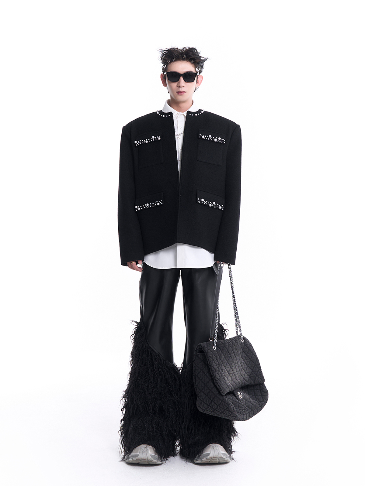 PEARL-TRIMMED COLLARLESS WOOL JACKET-START EXCEED END