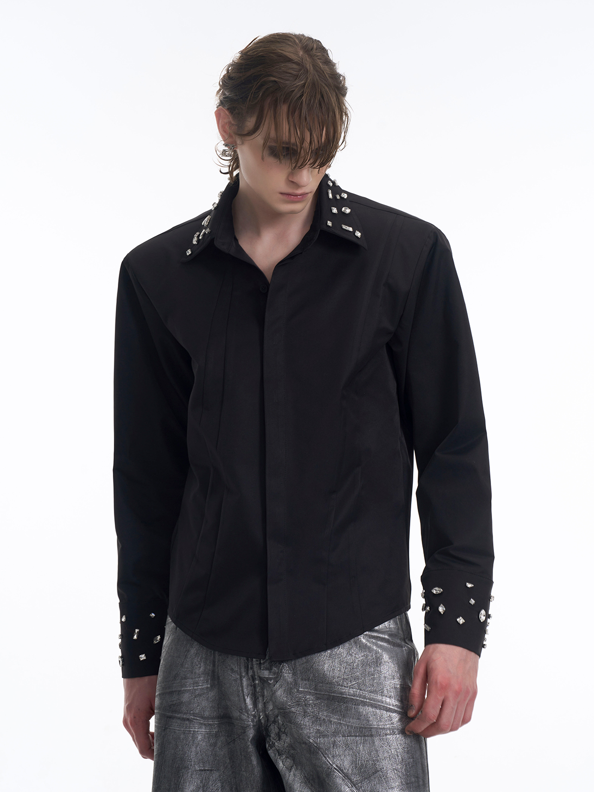 CRYSTAL COLLAR & CUFF CONCEALED PLACKET SHIRT - BLACK-START EXCEED END