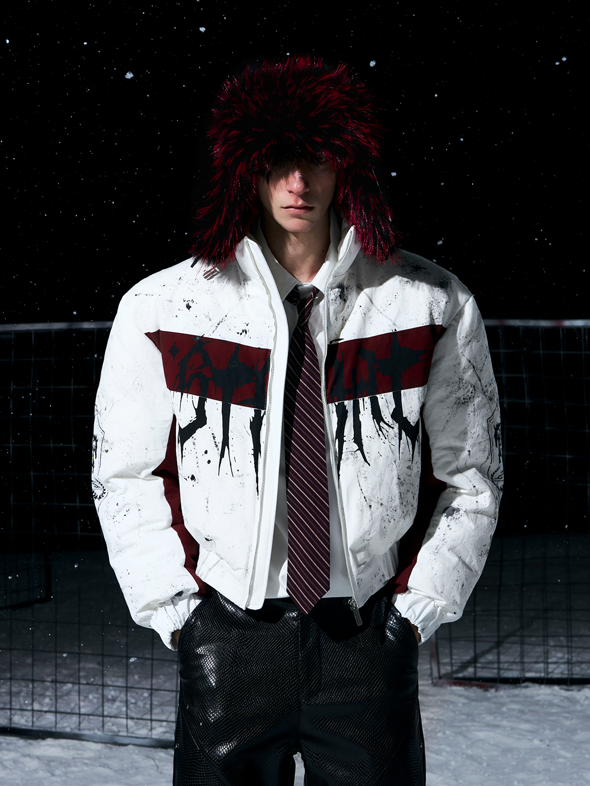 WHITE & BURGUNDY GRAFFITI SPLATTER BOMBER WITH KNIGHT PRINT