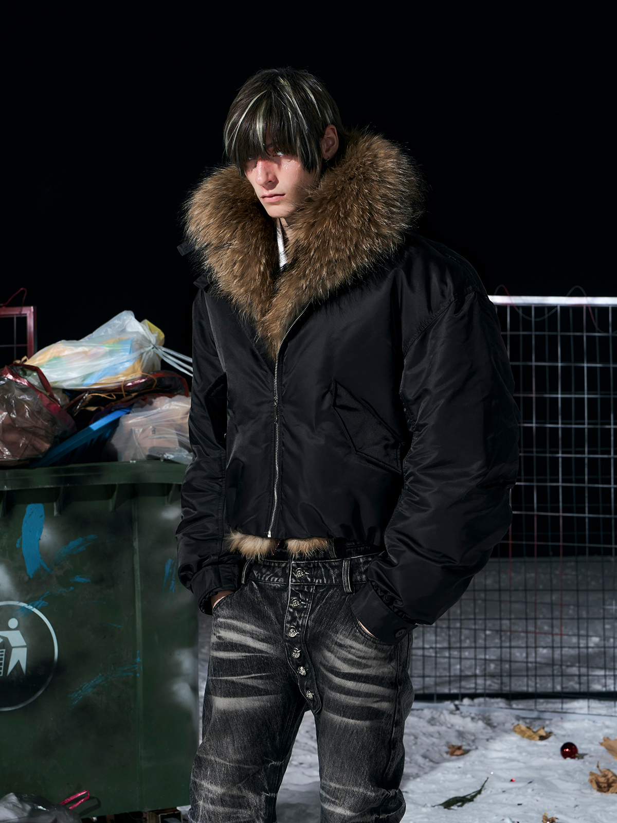 Luxe Detachable Fur Collar Down Bomber-Black