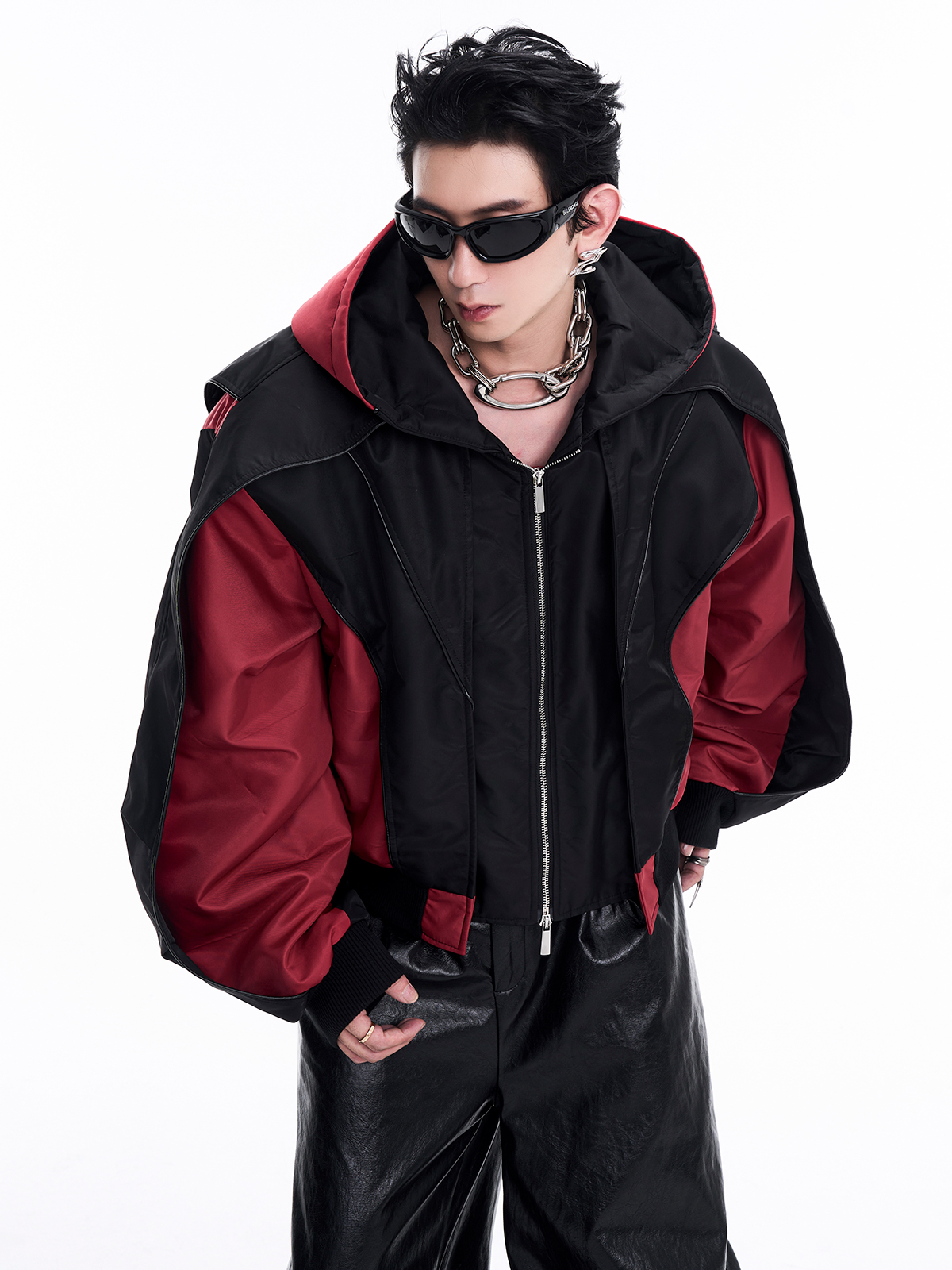 CONTRAST RED BATWING SLEEVE HOODED BOMBER-START EXCEED END