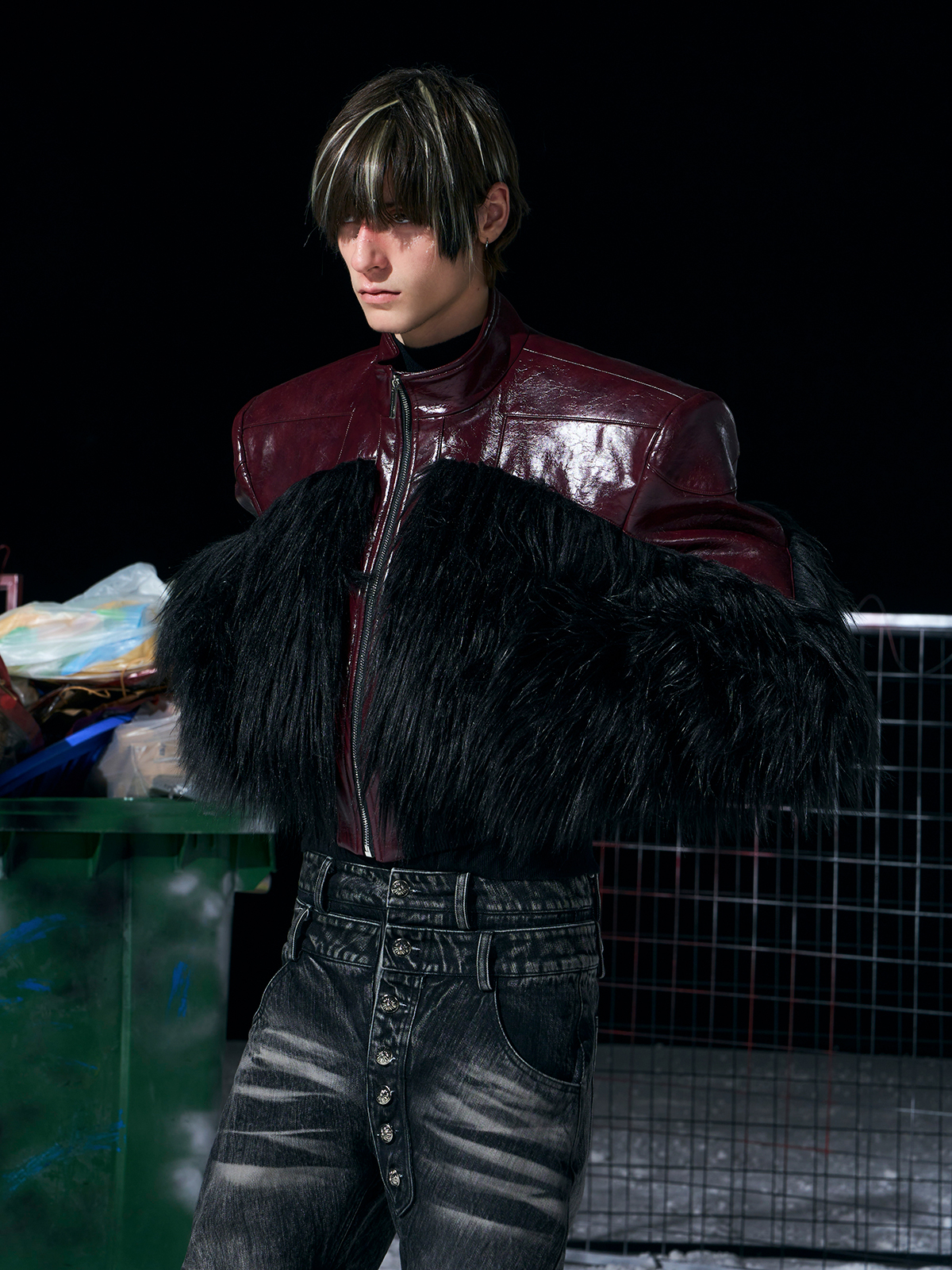 SHAGGY FAUX FUR PANEL CROPPED LEATHER JACKET-BURGUNDY