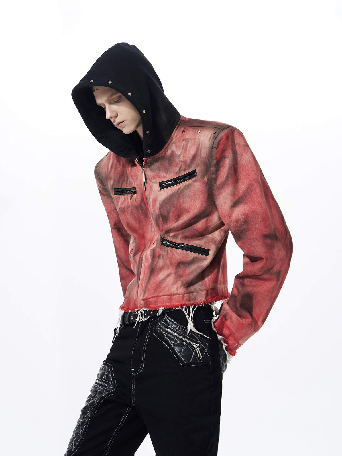 DISTRESSED HOODED CROPPED DENIM JACKET