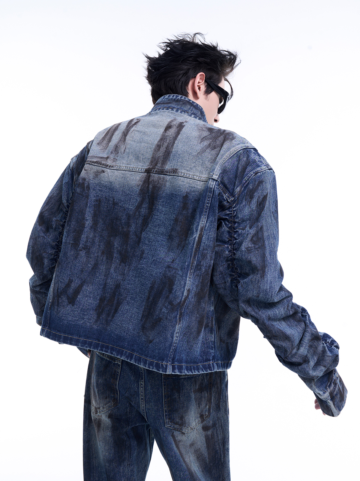 MUD WASH RUCHED DENIM JACKET & FLARED JEANS SET-START EXCEED END