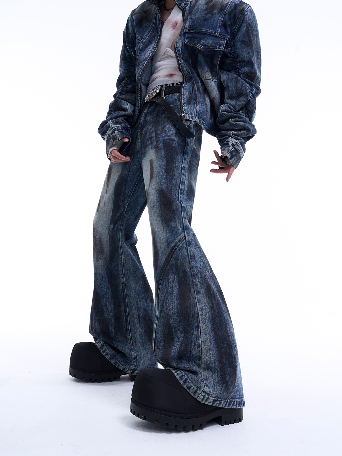 MUD WASH RUCHED DENIM JACKET & FLARED JEANS SET-START EXCEED END