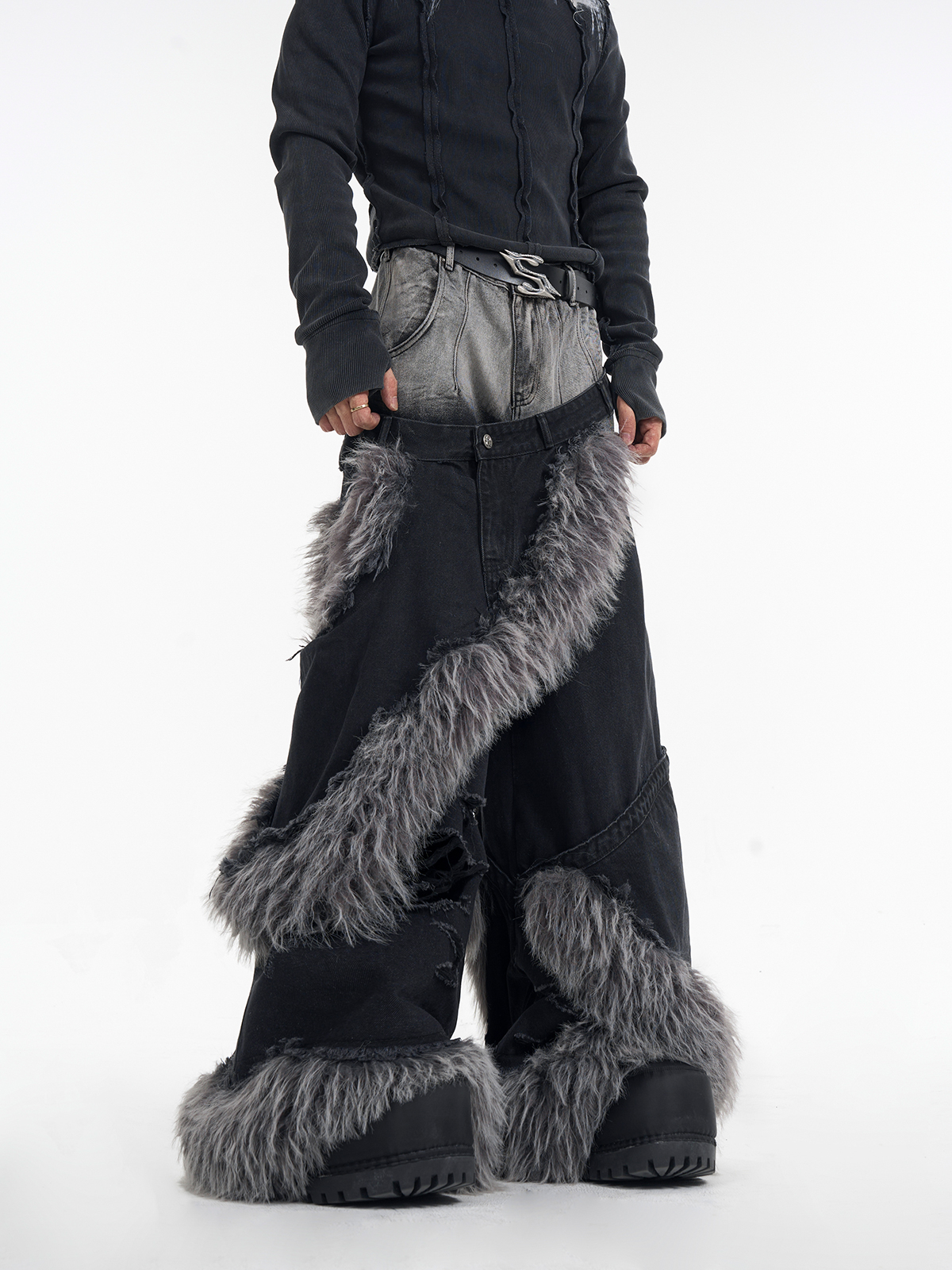 DOUBLE WAIST FUR SPIRAL WIDE LEG JEANS-START EXCEED END