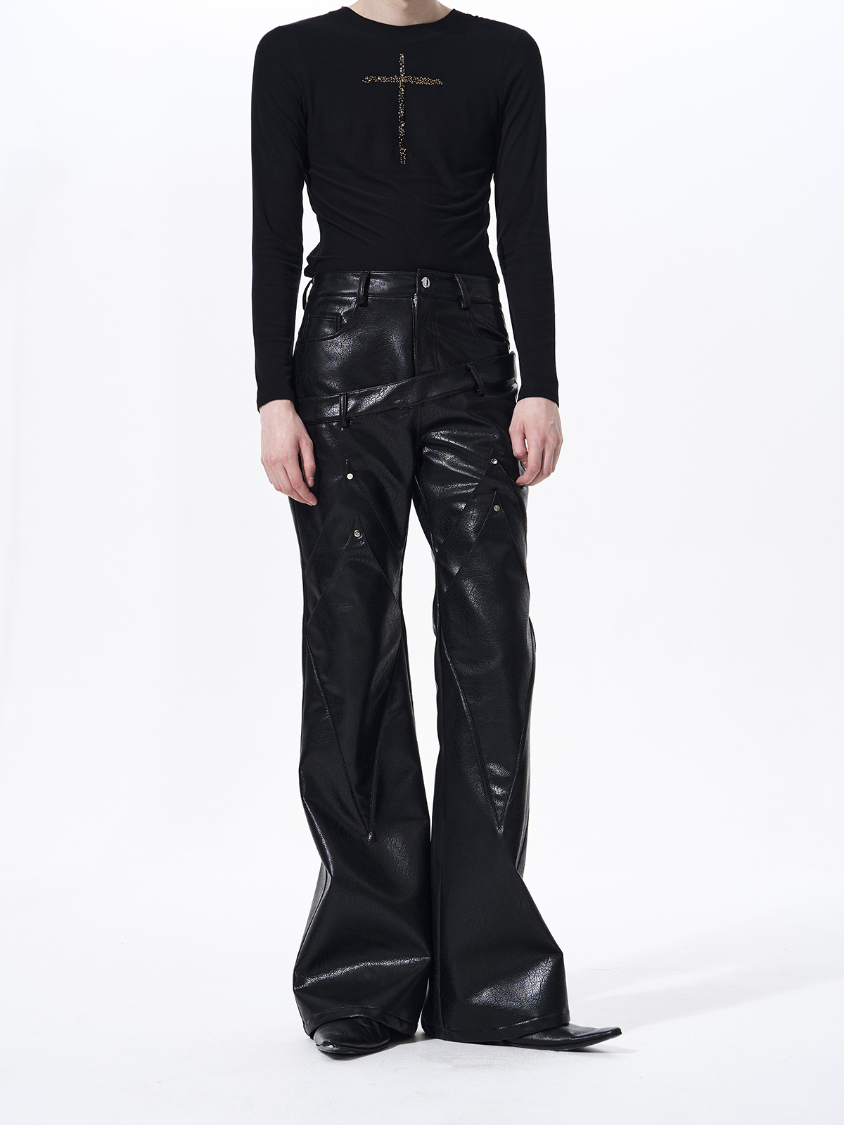 DOUBLE WAISTBAND FLARED LEATHER PANTS
