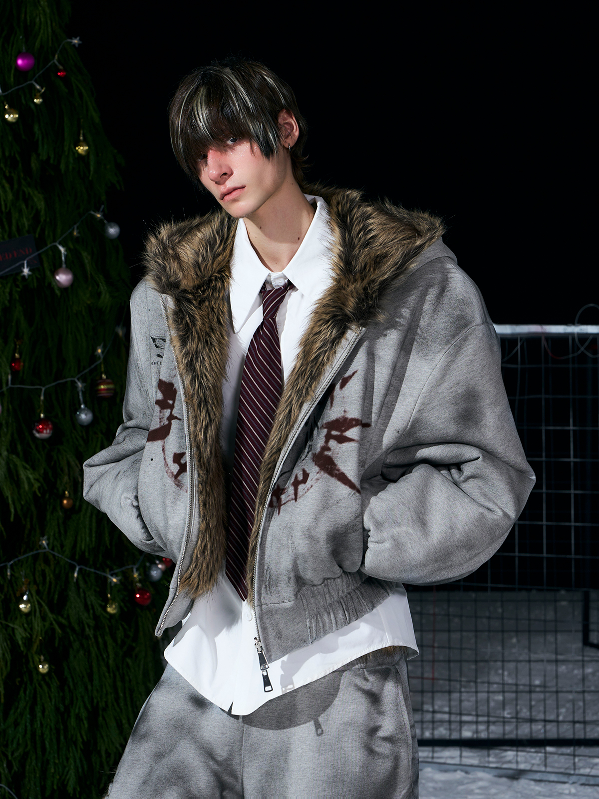 VINTAGE GREY REVERSIBLE FUR HOODIE & FUR PANEL PANTS SET