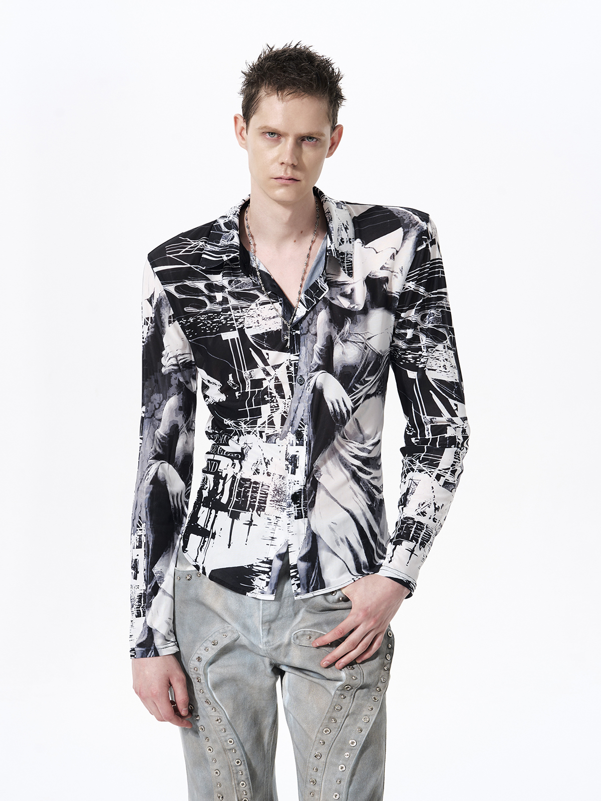 CLASSICAL FIGURE PRINT SHEER MESH SHIRT