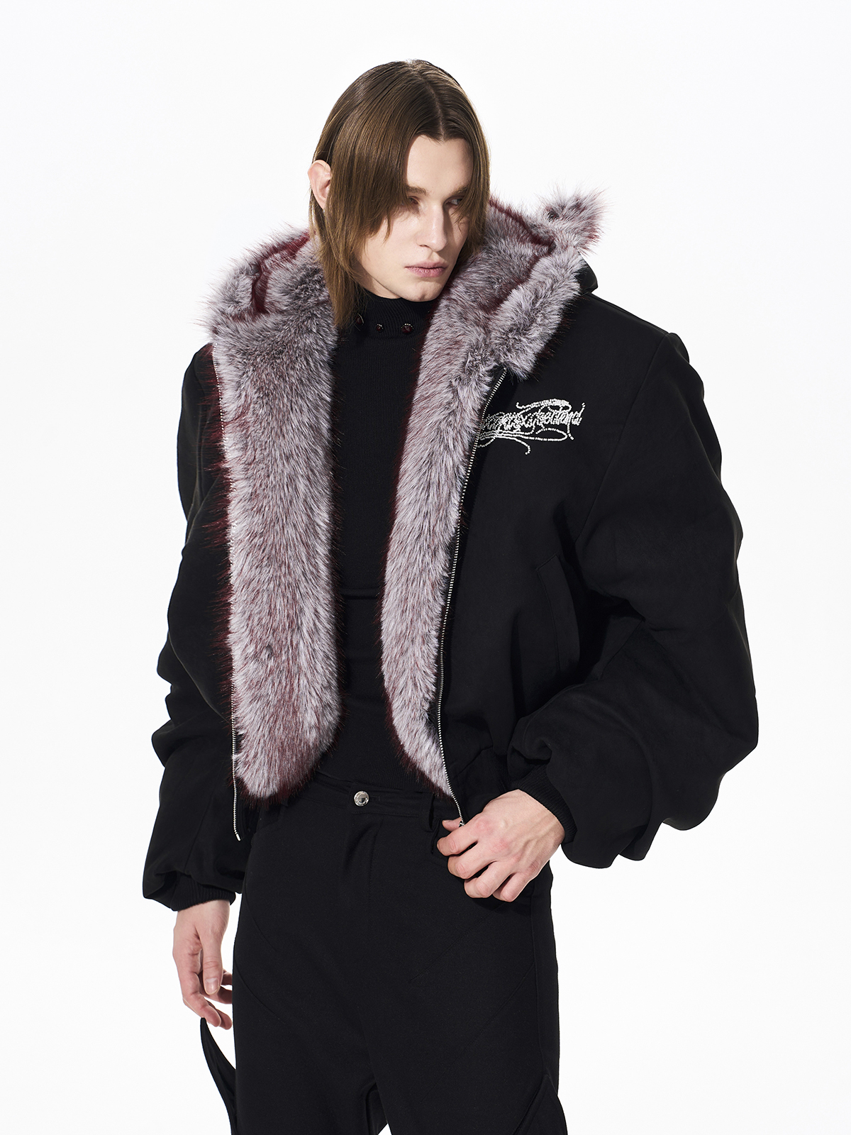 RABBIT EAR PADDED SUEDE JACKET-BLACK