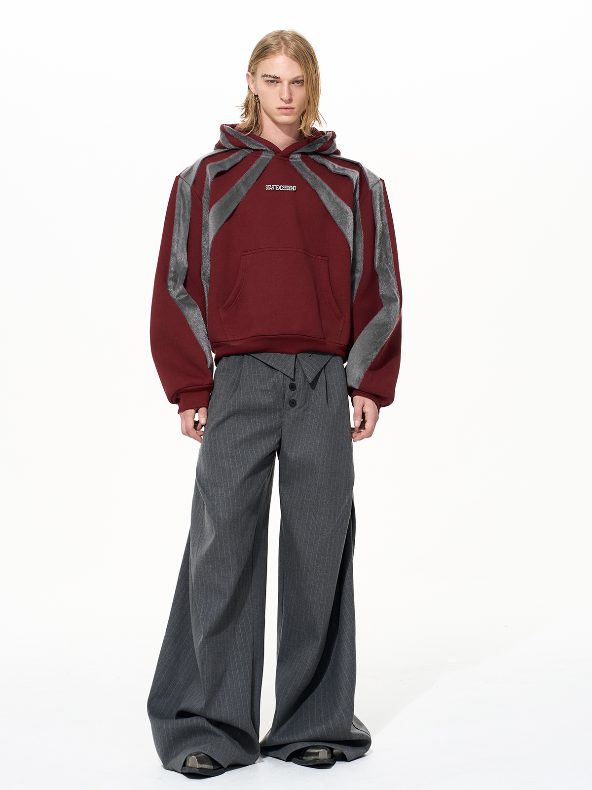 OXBLOOD WEB FUR CROPPED HOODIE