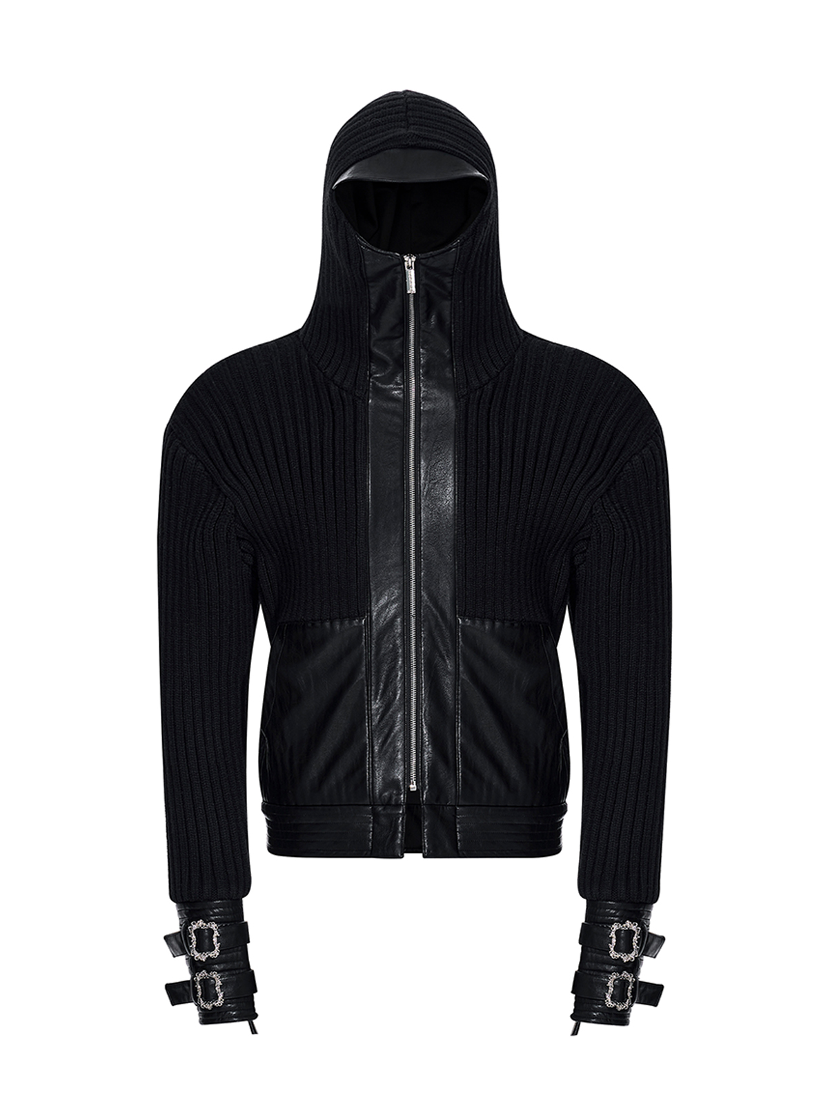 LEATHER PANEL BUCKLE CUFF RIBBED KNIT HOODIE