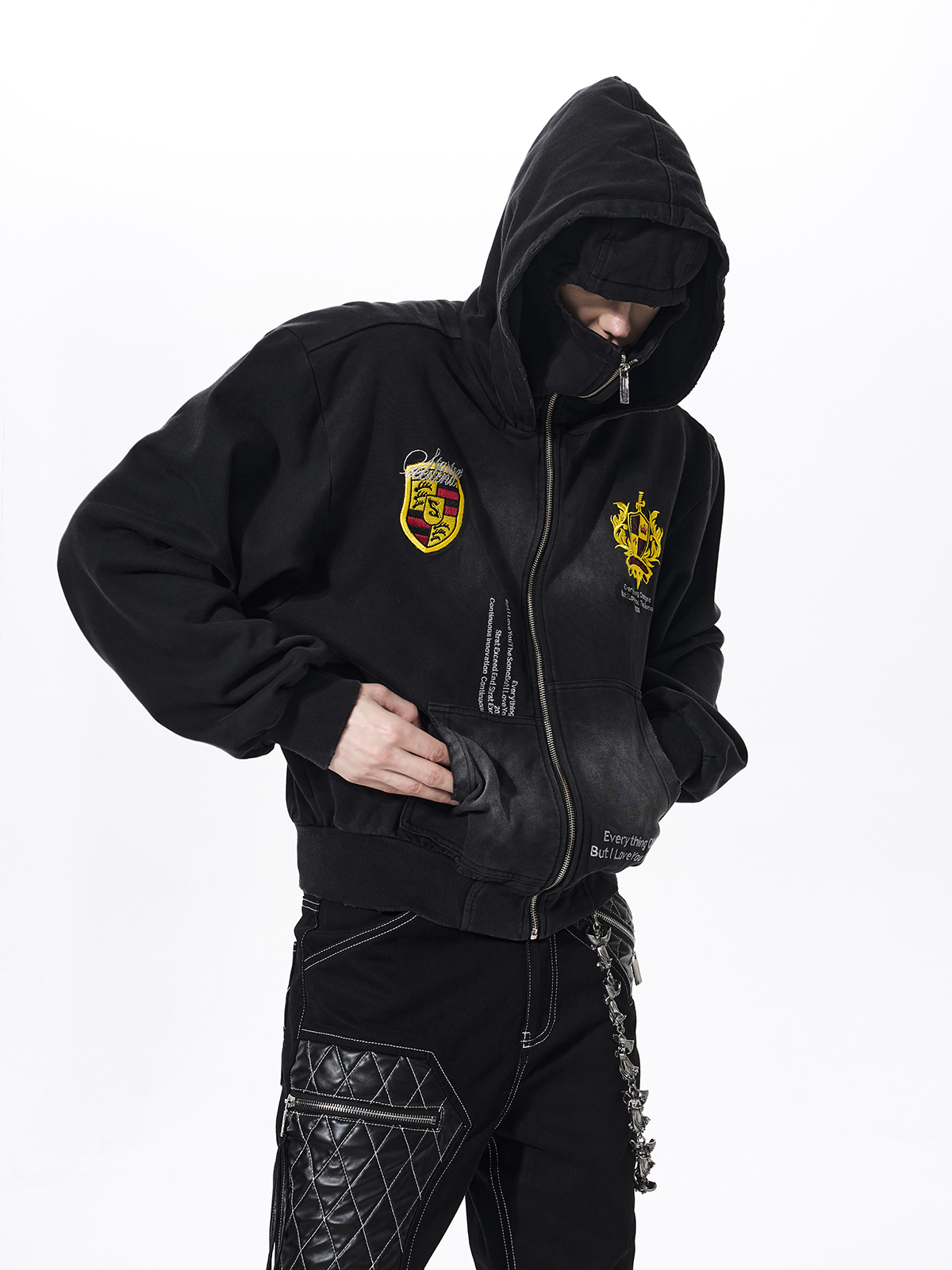 DISTRESSED CREST EMBROIDERY BALACLAVA HOODIE