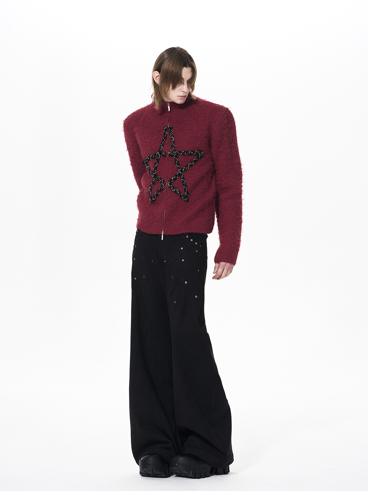 MOHAIR STAR ZIP-UP STAND COLLAR KNIT-RED