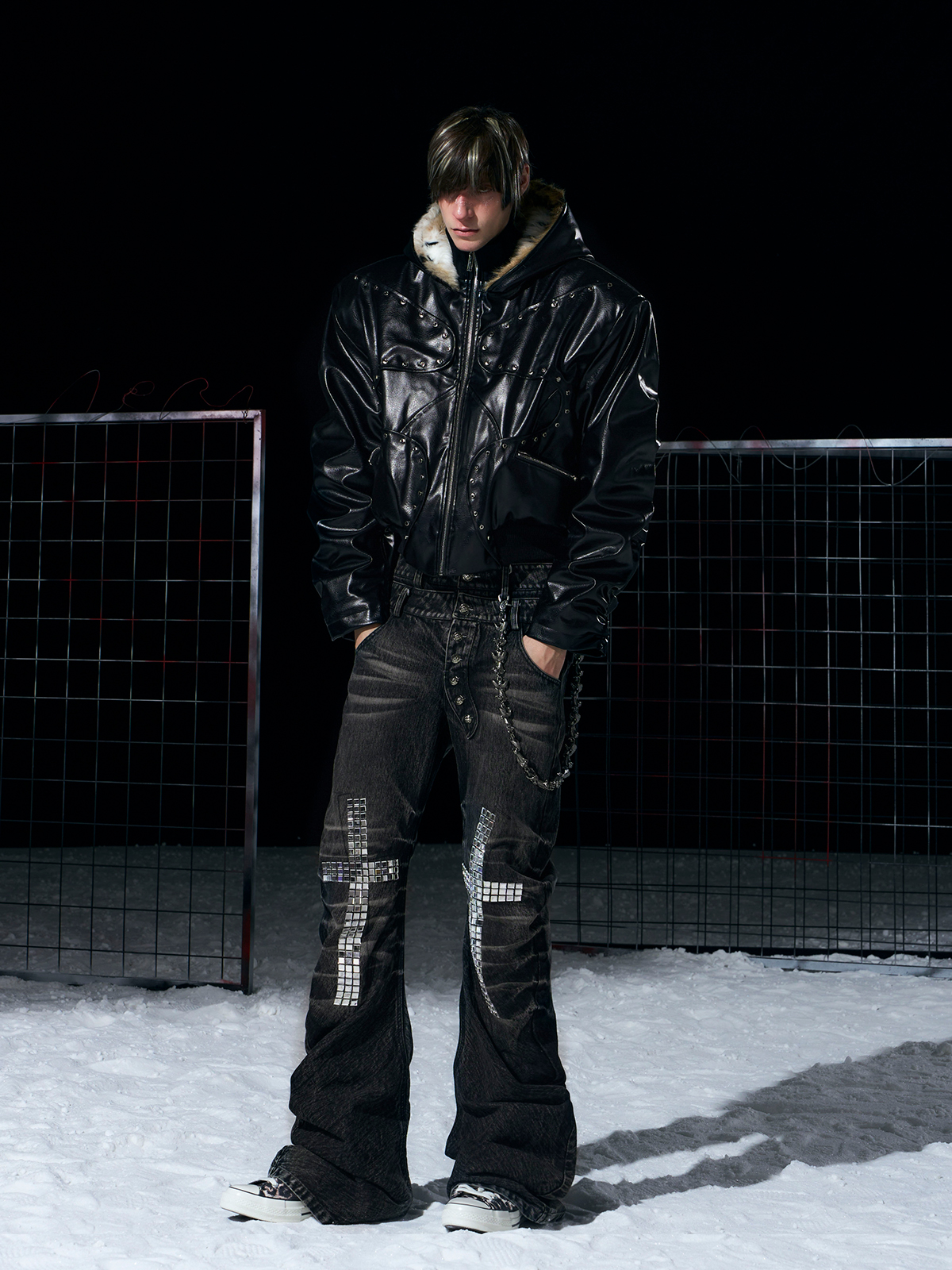 STUDDED FAUX LEATHER BOMBER WITH FUR-LINED HOOD