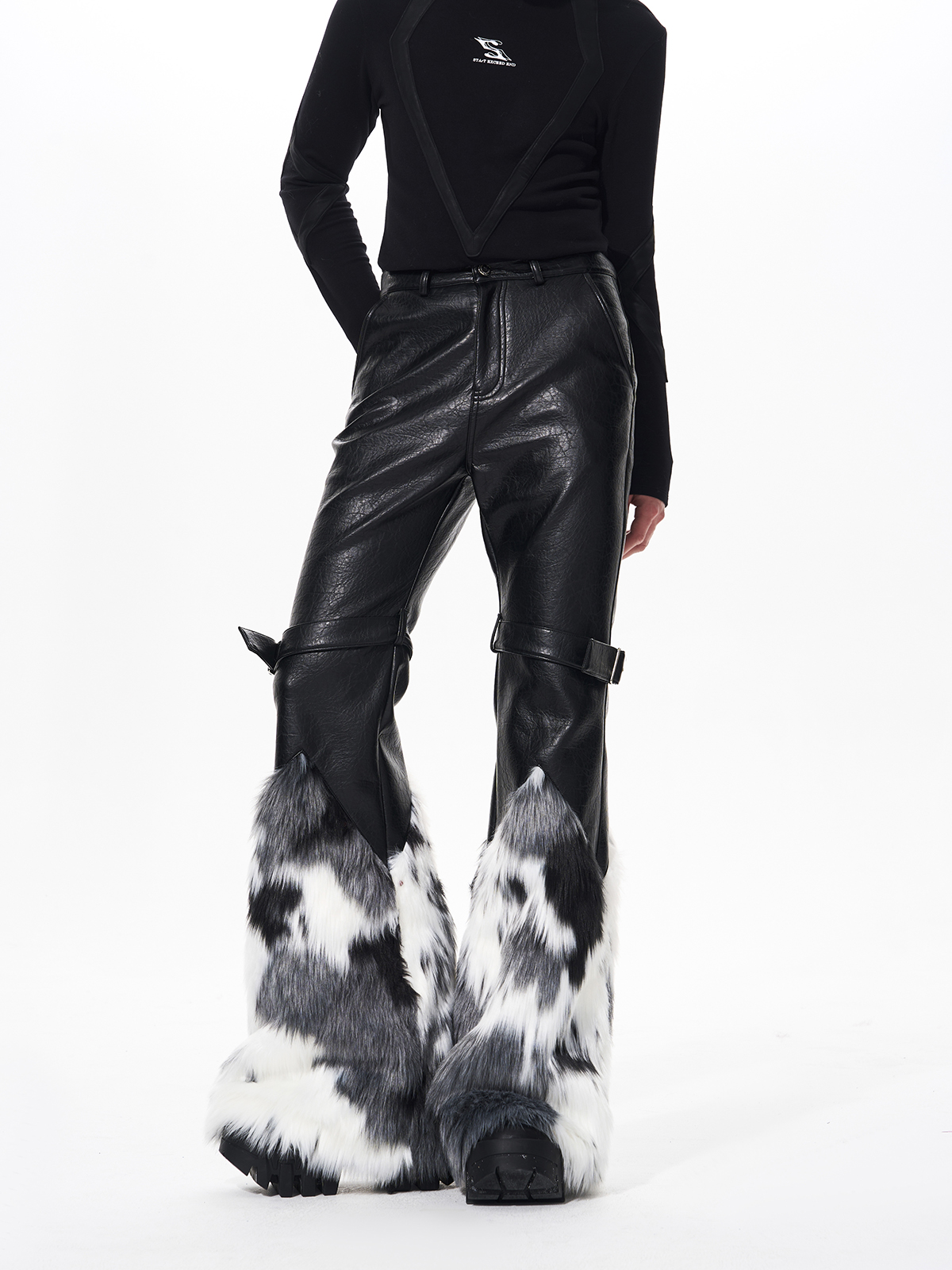 FAUX FUR SPLICED BUCKLE STRAP FLARED LEATHER PANTS