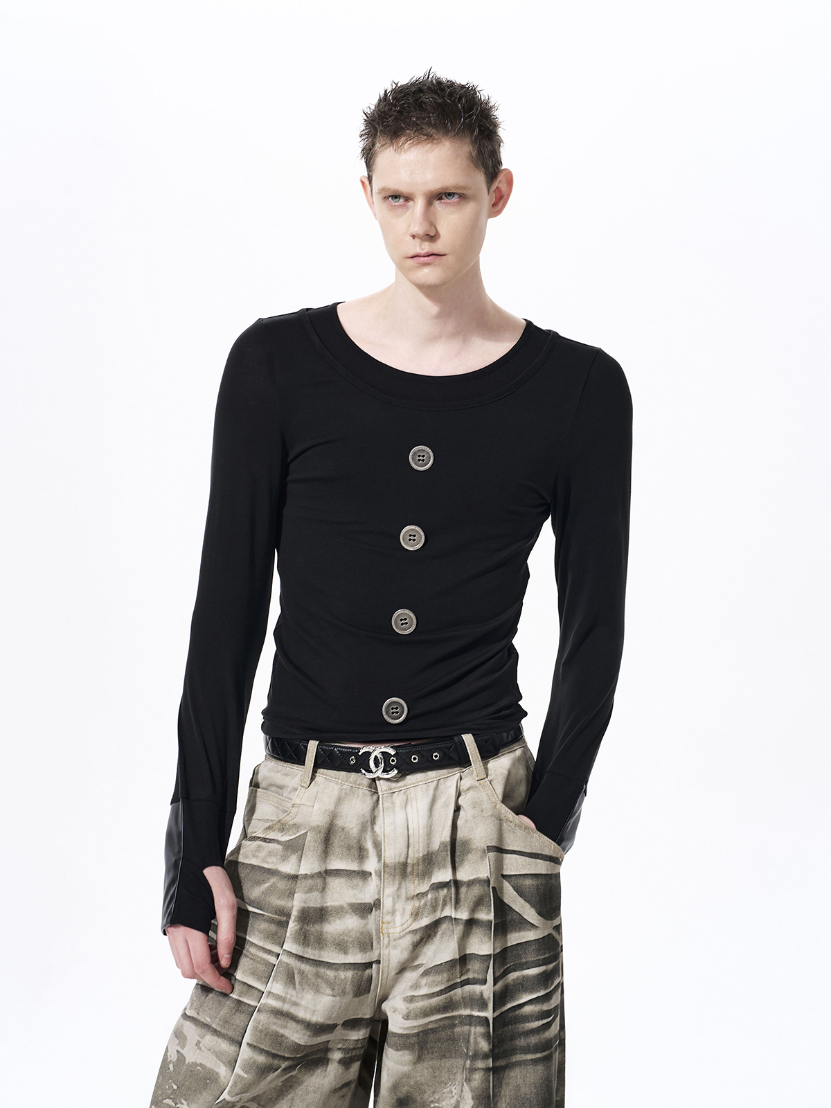 FAUX LAYERED TENCEL BUTTON LONGSLEEVE-BLACK