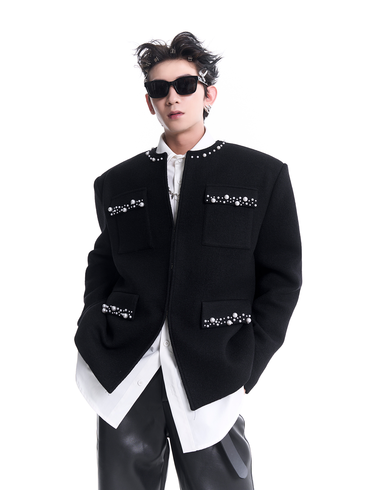 PEARL-TRIMMED COLLARLESS WOOL JACKET-START EXCEED END