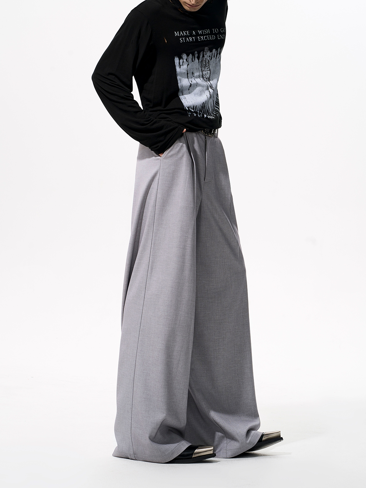 DETACHABLE LEATHER COLLAR SCULPTED SUIT SET-GREY