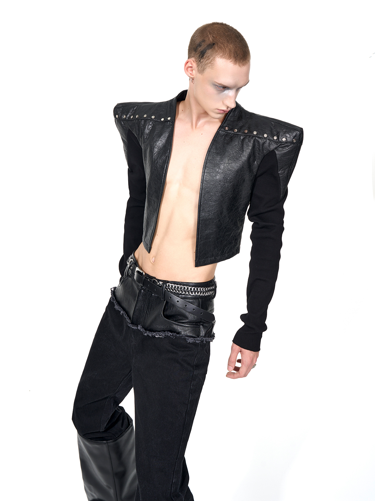 STUDDED POWER-SHOULDER HYBRID JACKET-START EXCEED END