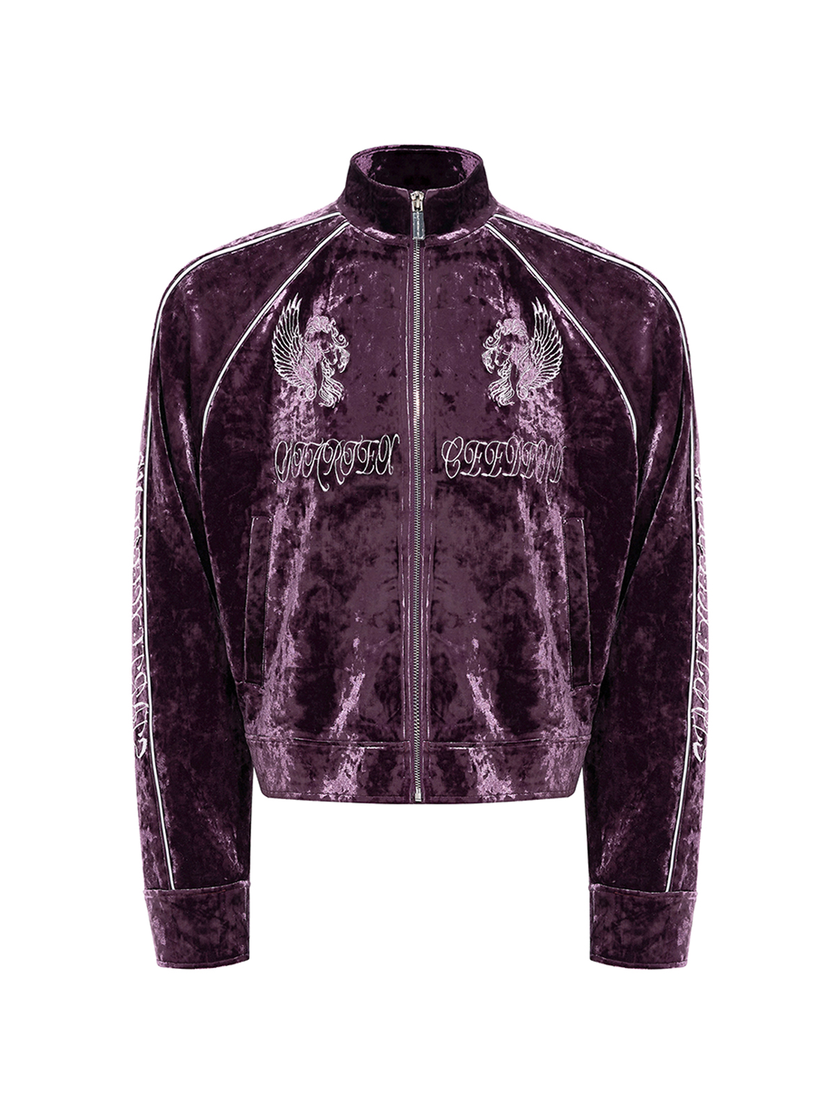 CRUSHED VELVET EMBROIDERED TRACKSUIT SET-PLUM PURPLE
