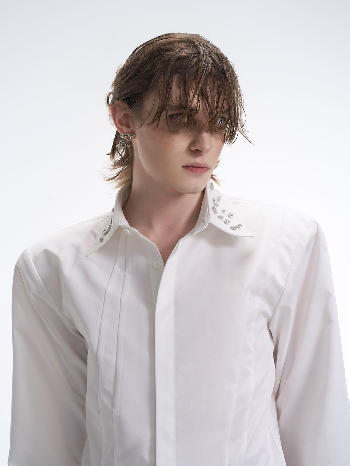 CRYSTAL COLLAR & CUFF CONCEALED PLACKET SHIRT - WHITE-START EXCEED END