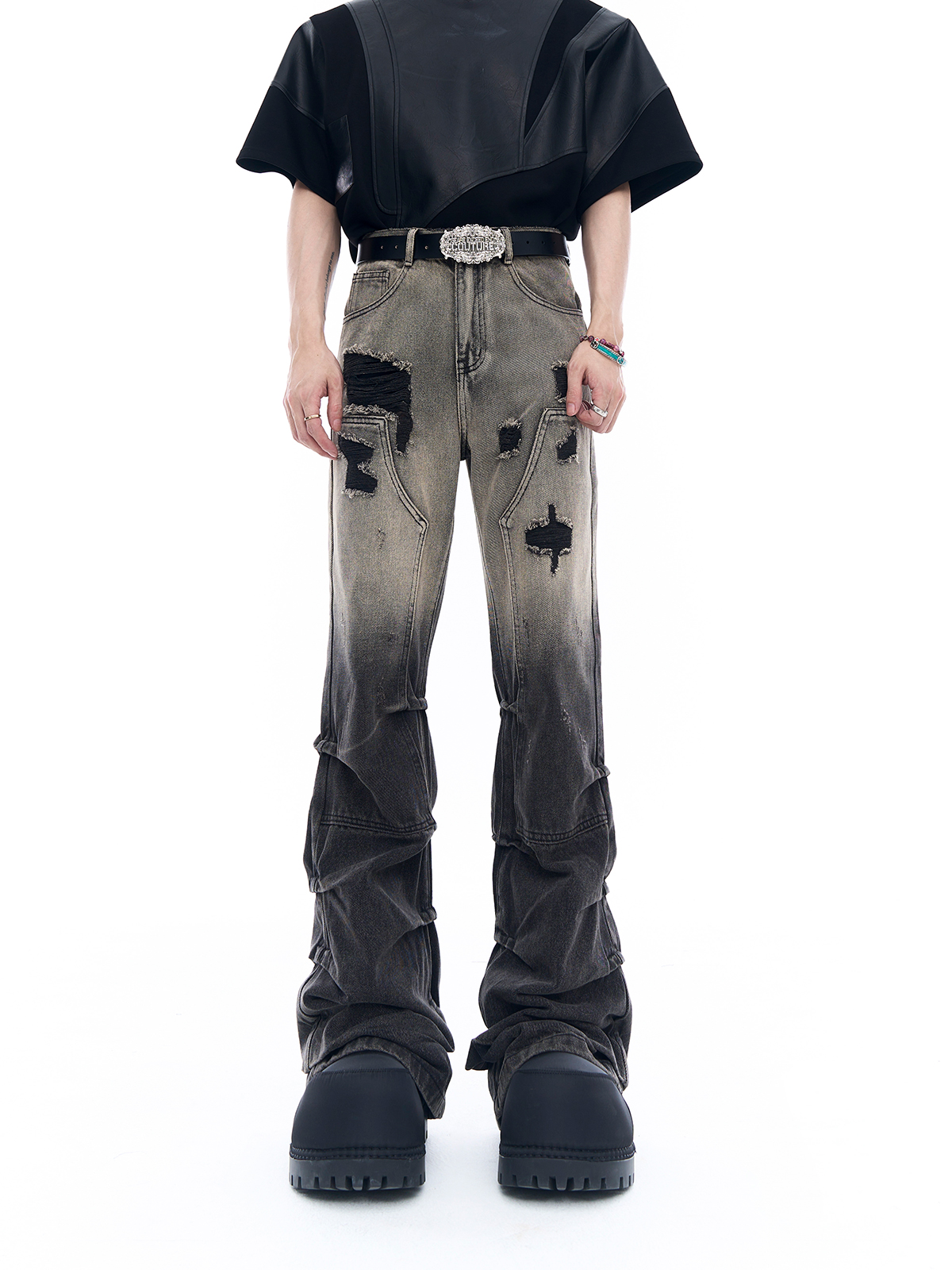 GRADIENT DIRTY WASH DISTRESSED STACKED FLARE JEANS-START EXCEED END