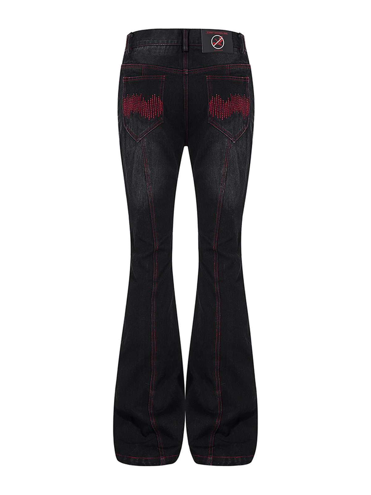 DISTRESSED SOUNDWAVE LEATHER PATCHWORK FLARED JEANS