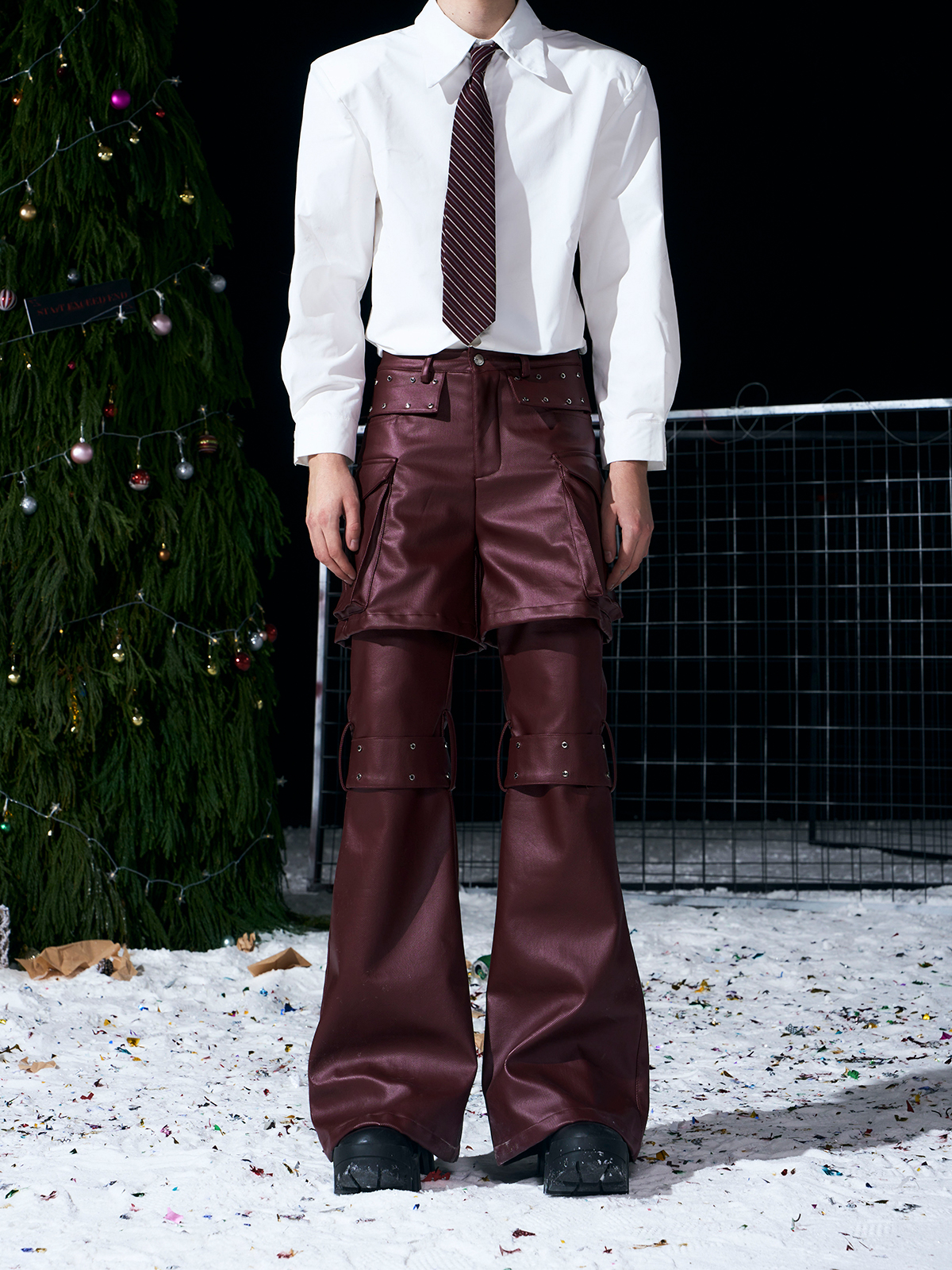 DECONSTRUCTED 2-IN-1 RIVET CARGO LEATHER PANTS-BURGUNDY