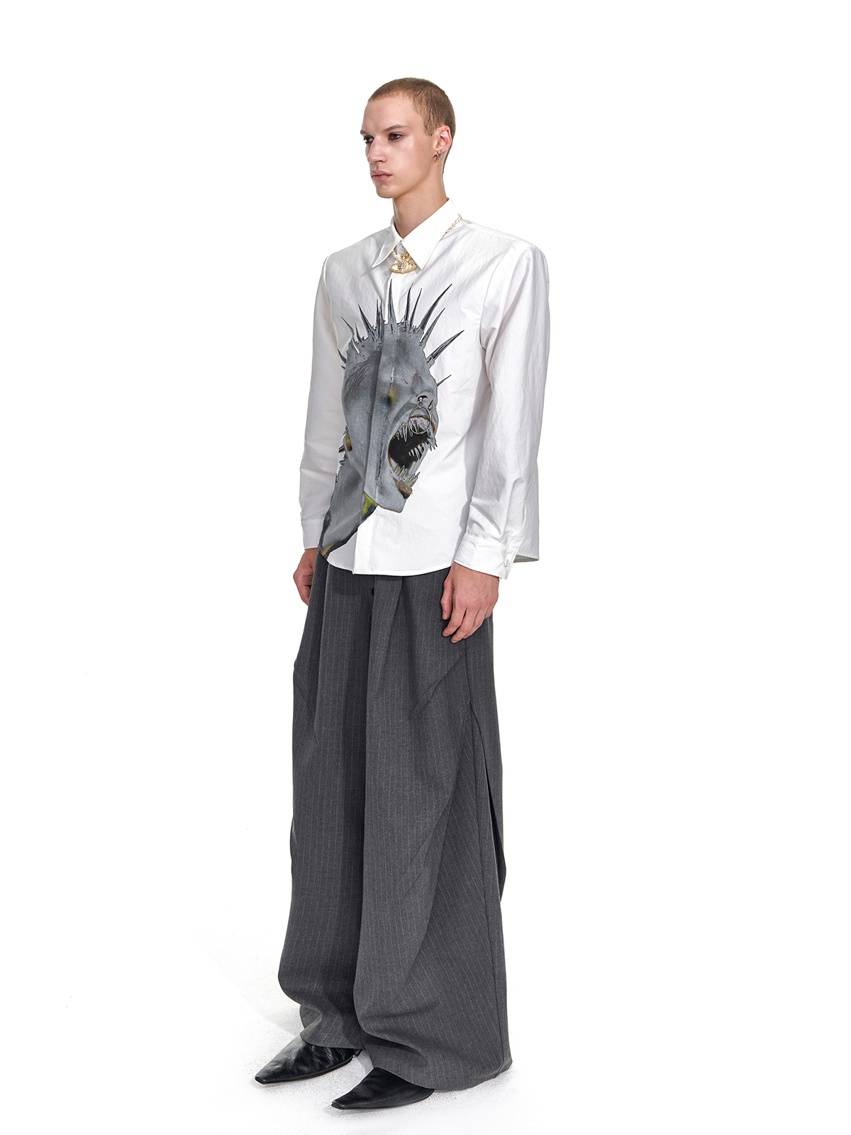 FOLD-OVER WAIST PINSTRIPE WIDE-LEG TROUSERS-GREY