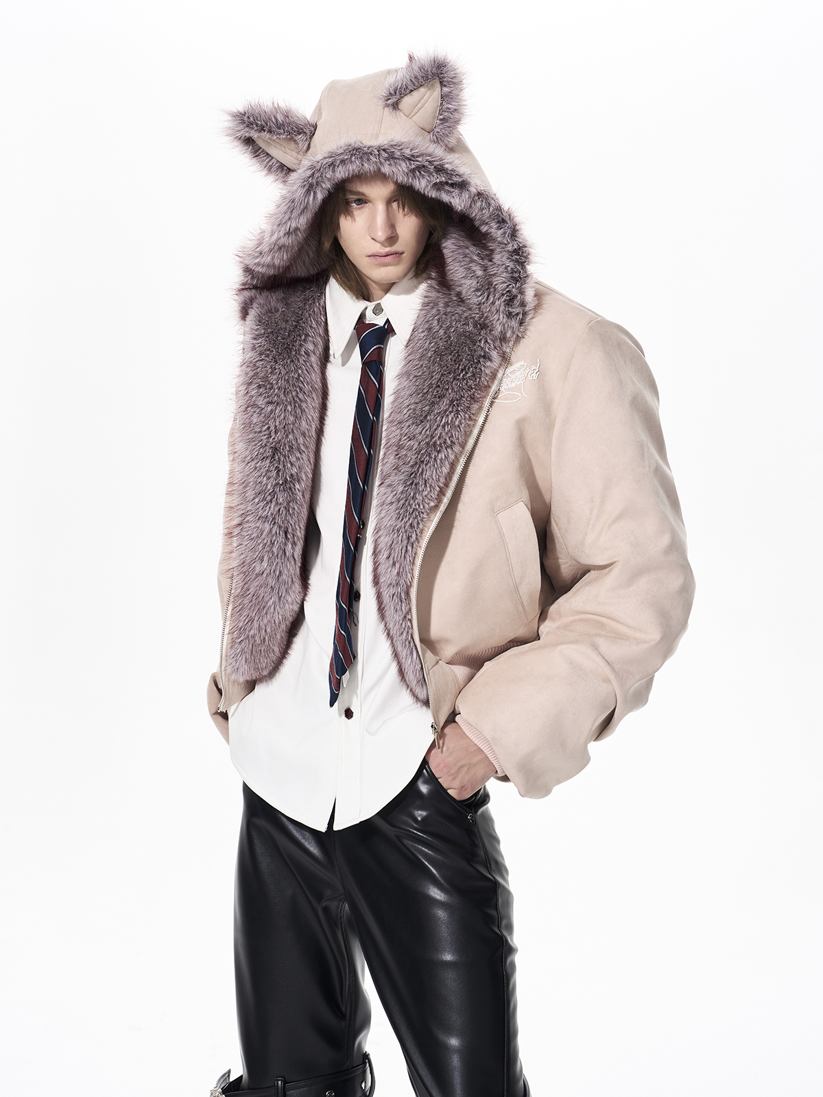 RABBIT EAR PADDED SUEDE JACKET-PINK