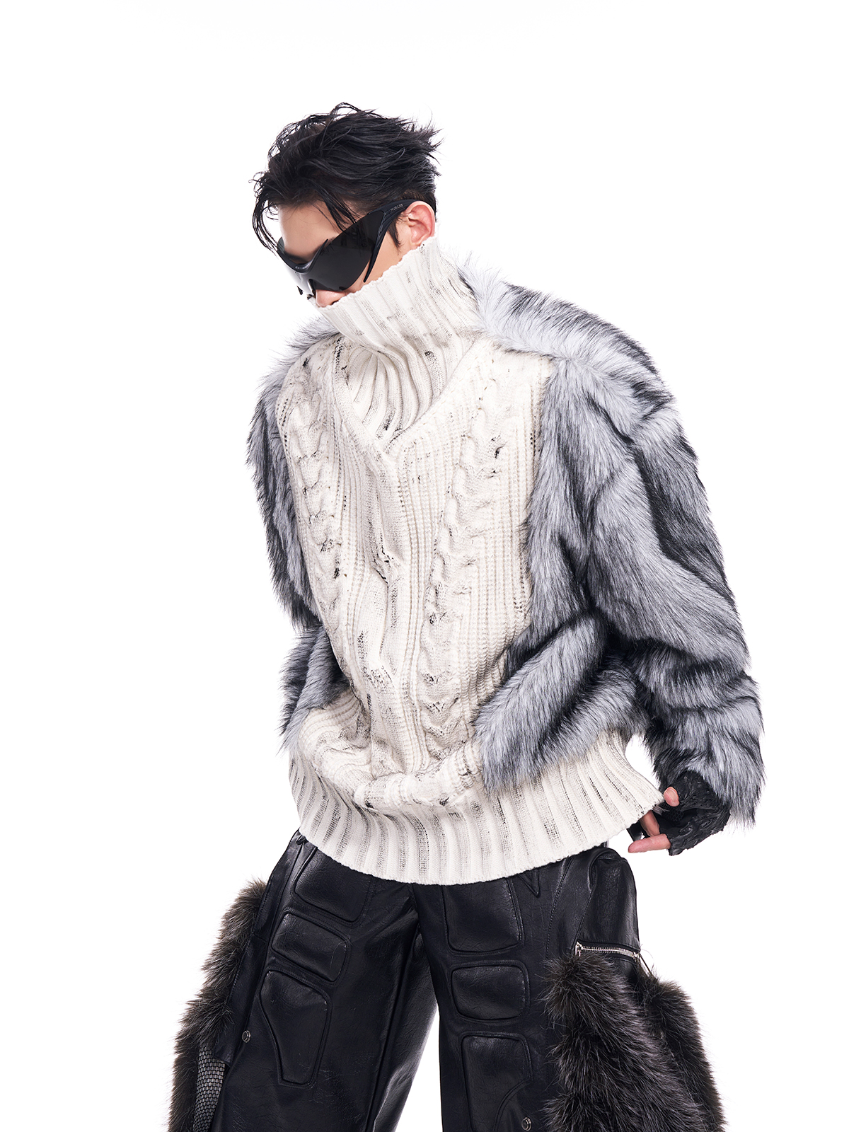 DIRTY WHITE KNIT & SILVER GREY FUR HYBRID PULLOVER-START EXCEED END
