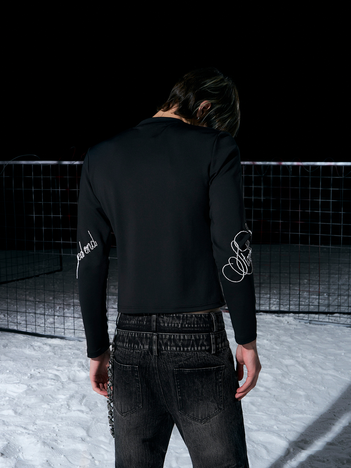 BLACK RHINESTONE SCRIPT MOCK NECK LONG SLEEVE