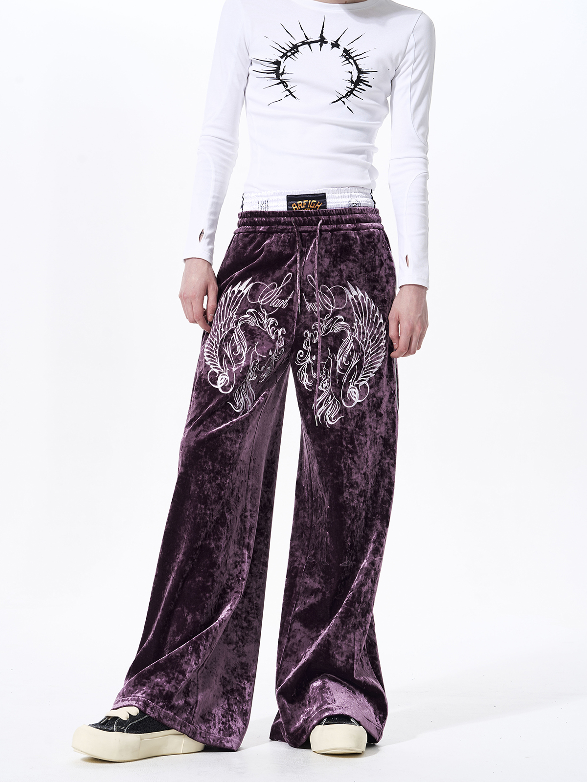 CRUSHED VELVET EMBROIDERED TRACKSUIT SET-PLUM PURPLE