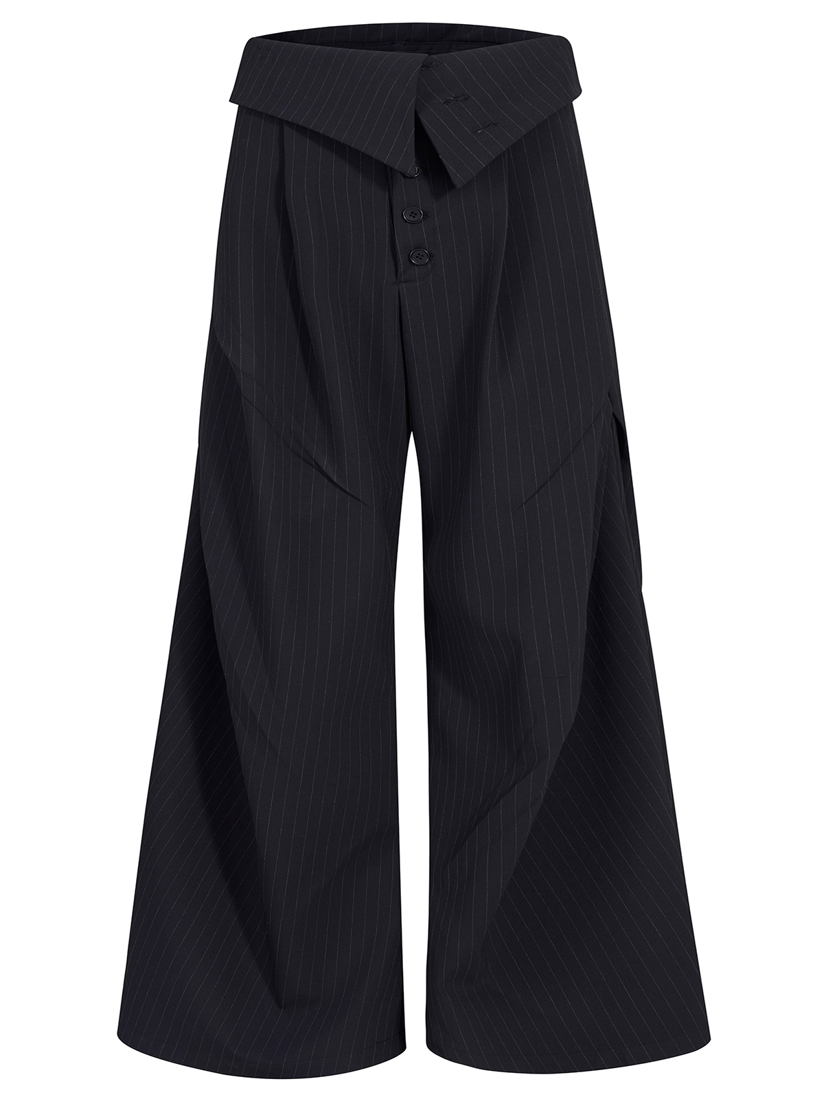 FOLD-OVER WAIST PINSTRIPE WIDE-LEG TROUSERS-BLACK