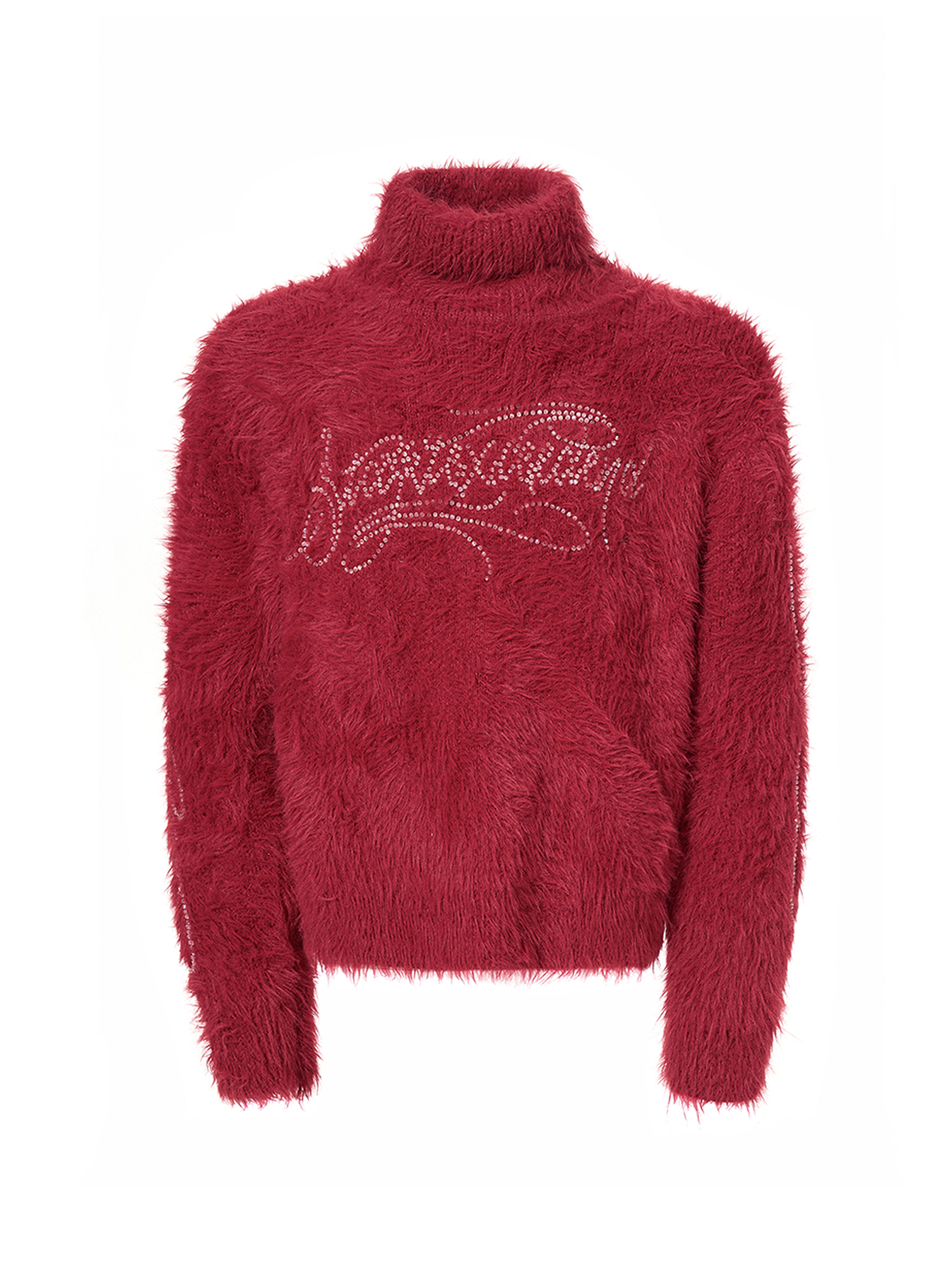 RHINESTONE LOGO FUZZY HIGH NECK KNIT-RED