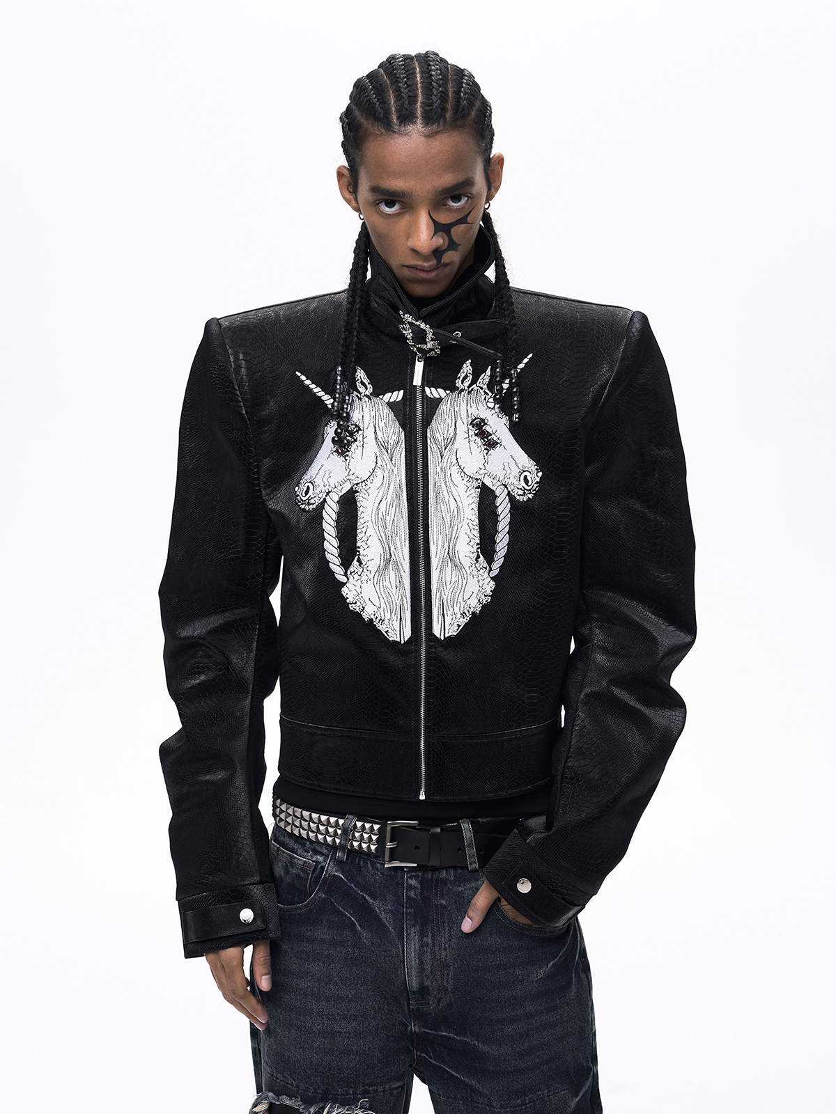 EMBROIDERED UNICORN STAND COLLAR LEATHER JACKET