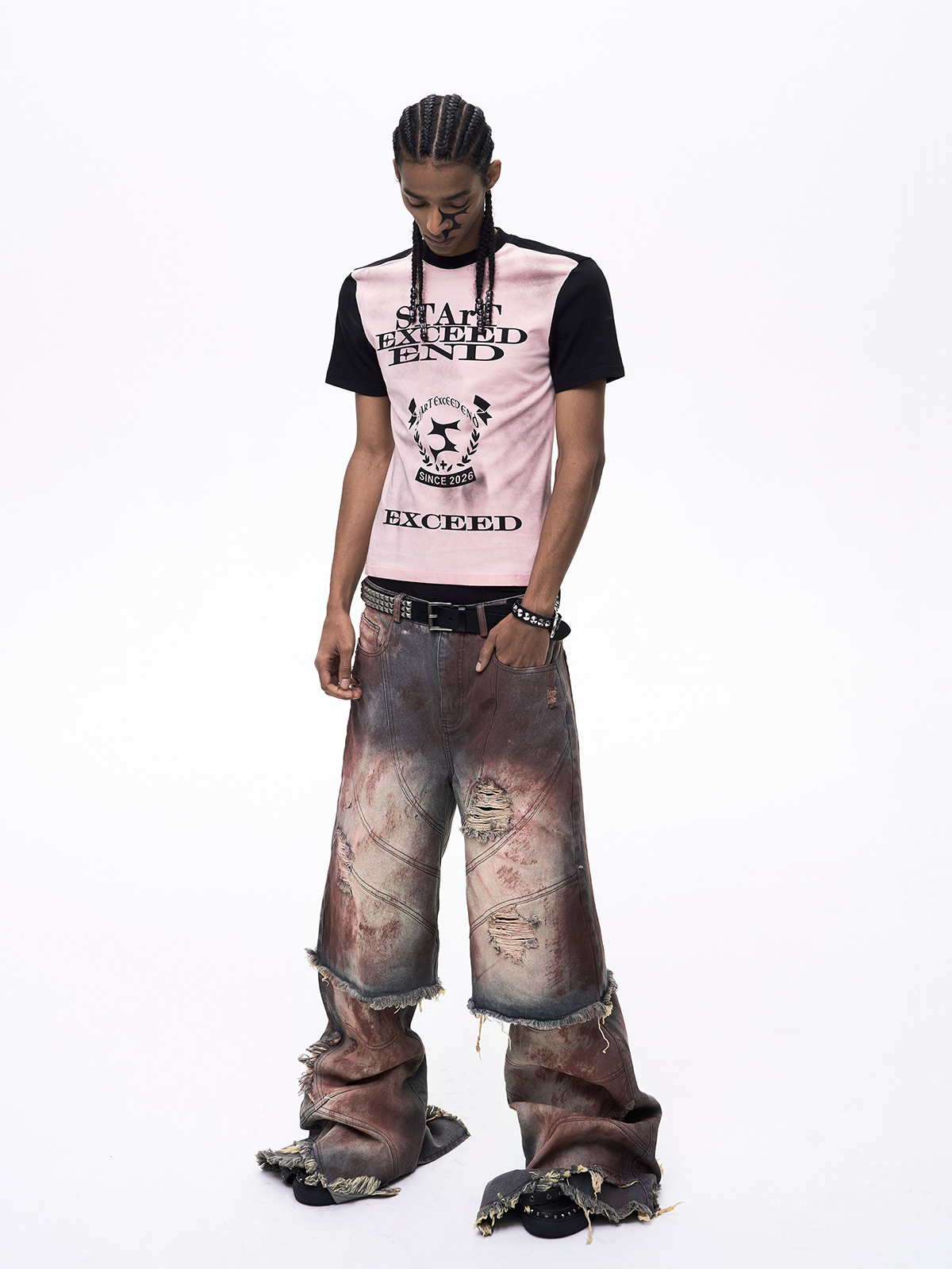 GRAPHIC COLOR BLOCK DIRTY WASH T-SHIRT-PINK