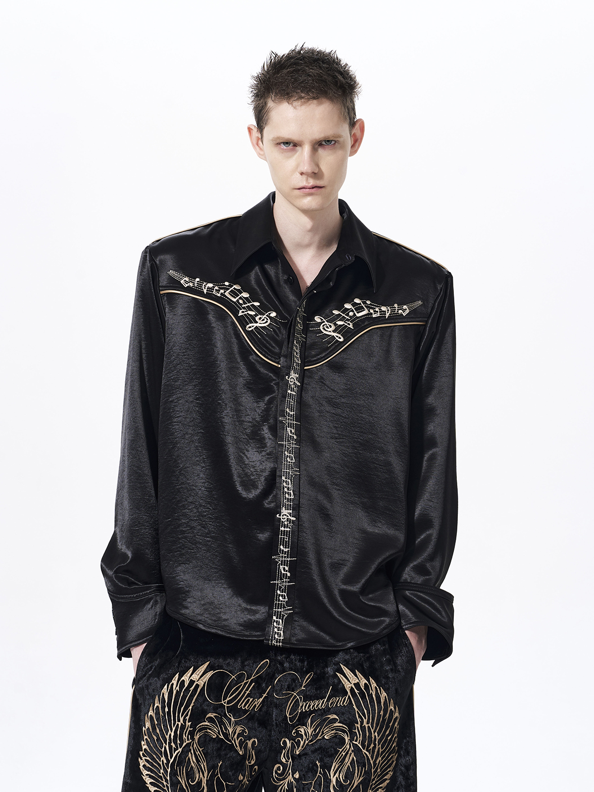 MUSICAL NOTE EMBROIDERED DRAPE SATIN SHIRT-BLACK