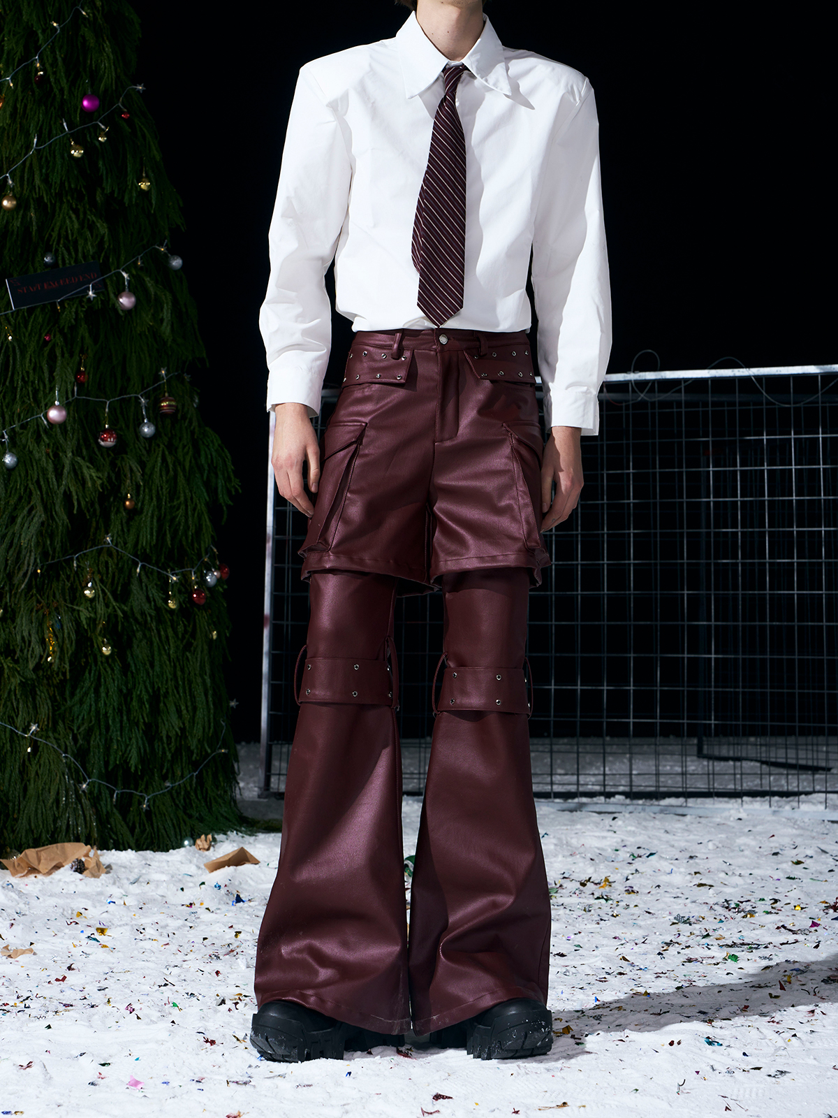 DECONSTRUCTED 2-IN-1 RIVET CARGO LEATHER PANTS-BURGUNDY