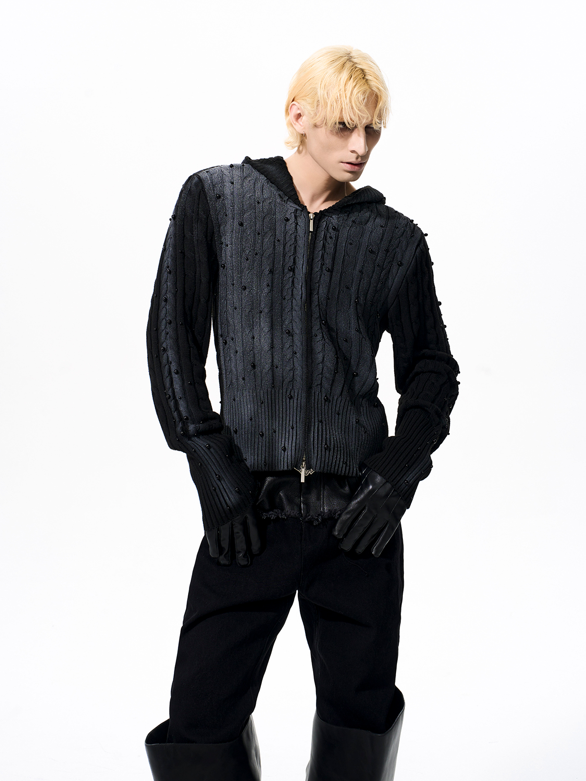 WASHED BEADED CABLE KNIT HOODIE-START EXCEED END