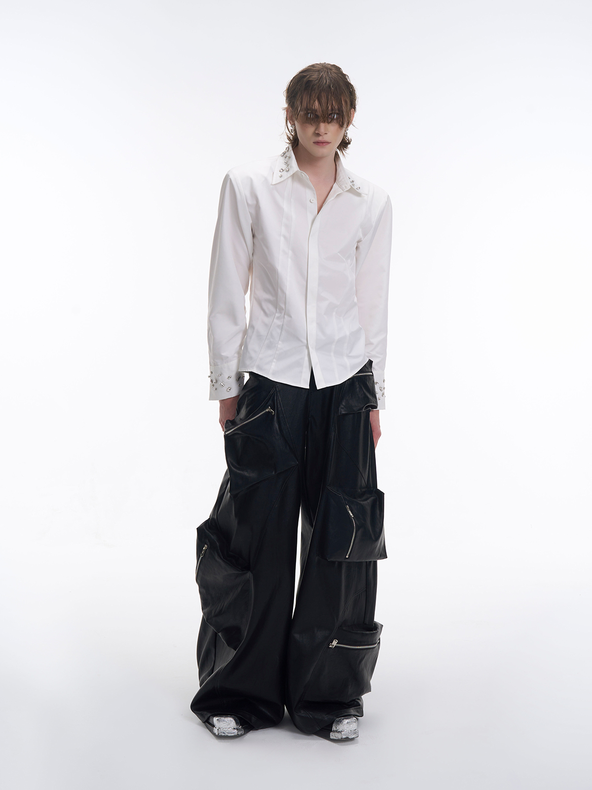 CRYSTAL COLLAR & CUFF CONCEALED PLACKET SHIRT - WHITE-START EXCEED END