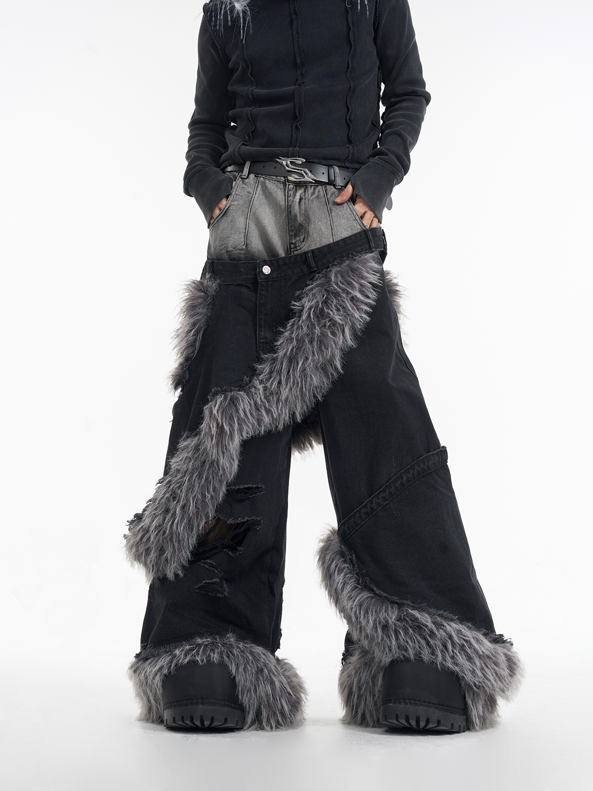 DOUBLE WAIST FUR SPIRAL WIDE LEG JEANS-START EXCEED END