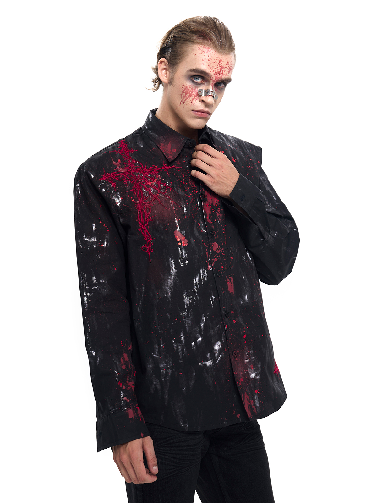 CRIMSON SPLATTER THORN CROSS SHIRT-START EXCEED END
