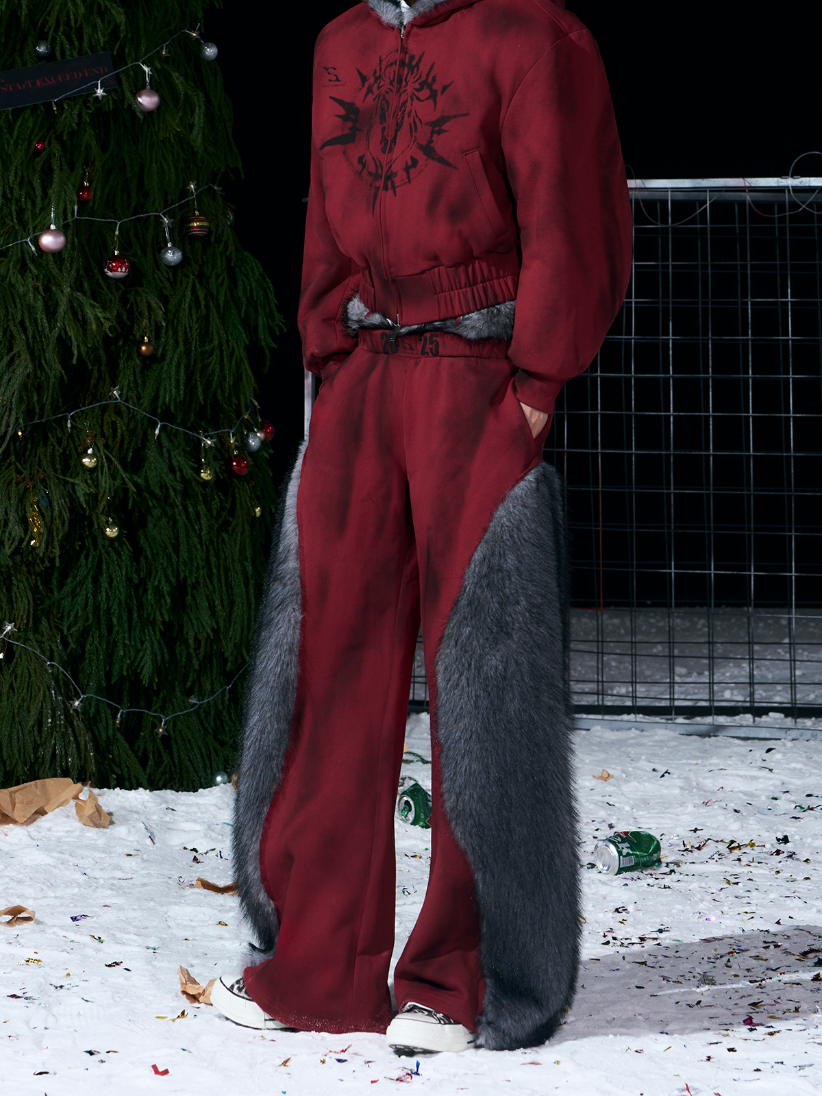 VINTAGE RED REVERSIBLE FUR HOODIE & FUR PANEL PANTS SET