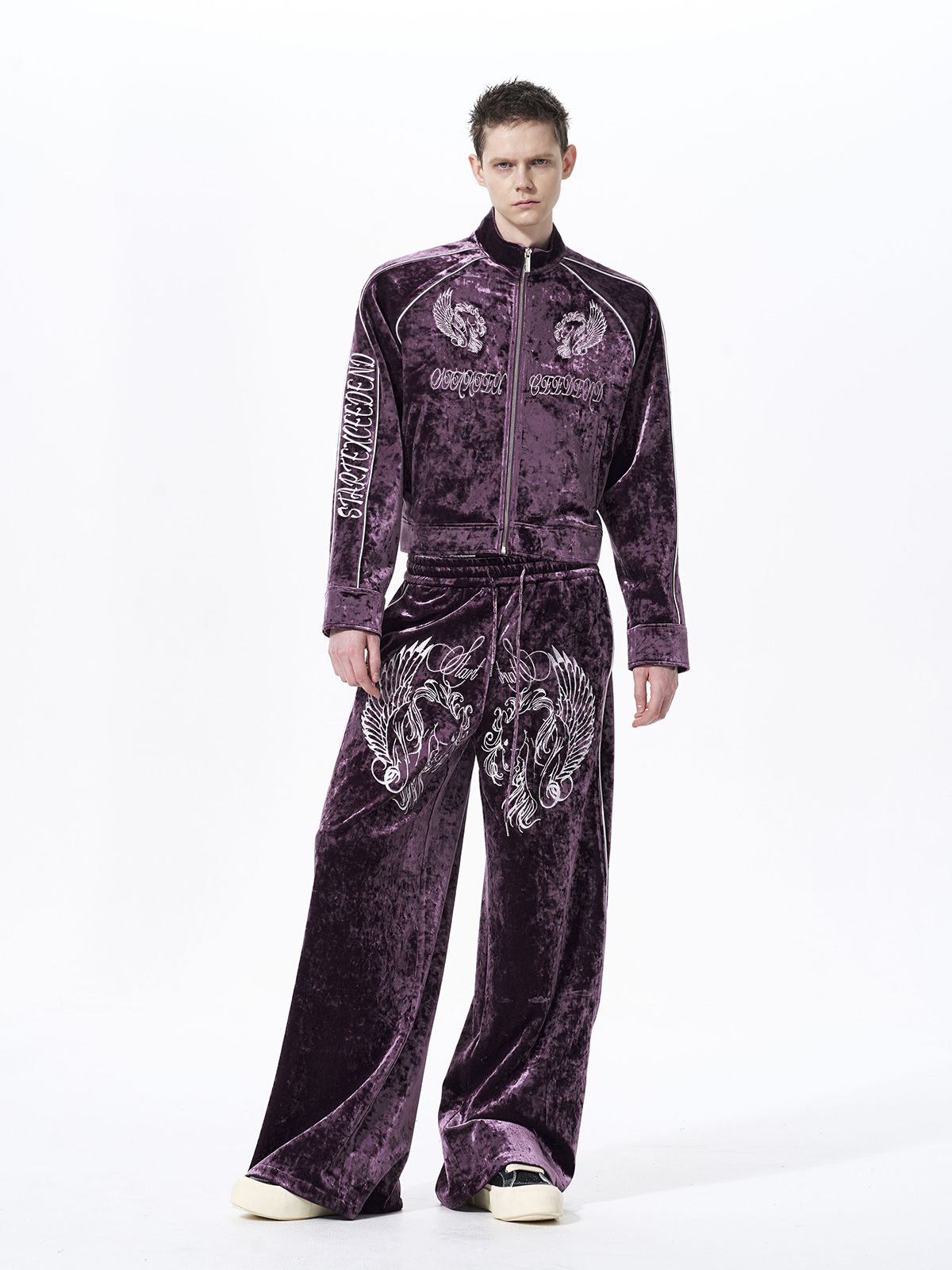 CRUSHED VELVET EMBROIDERED TRACKSUIT SET-PLUM PURPLE