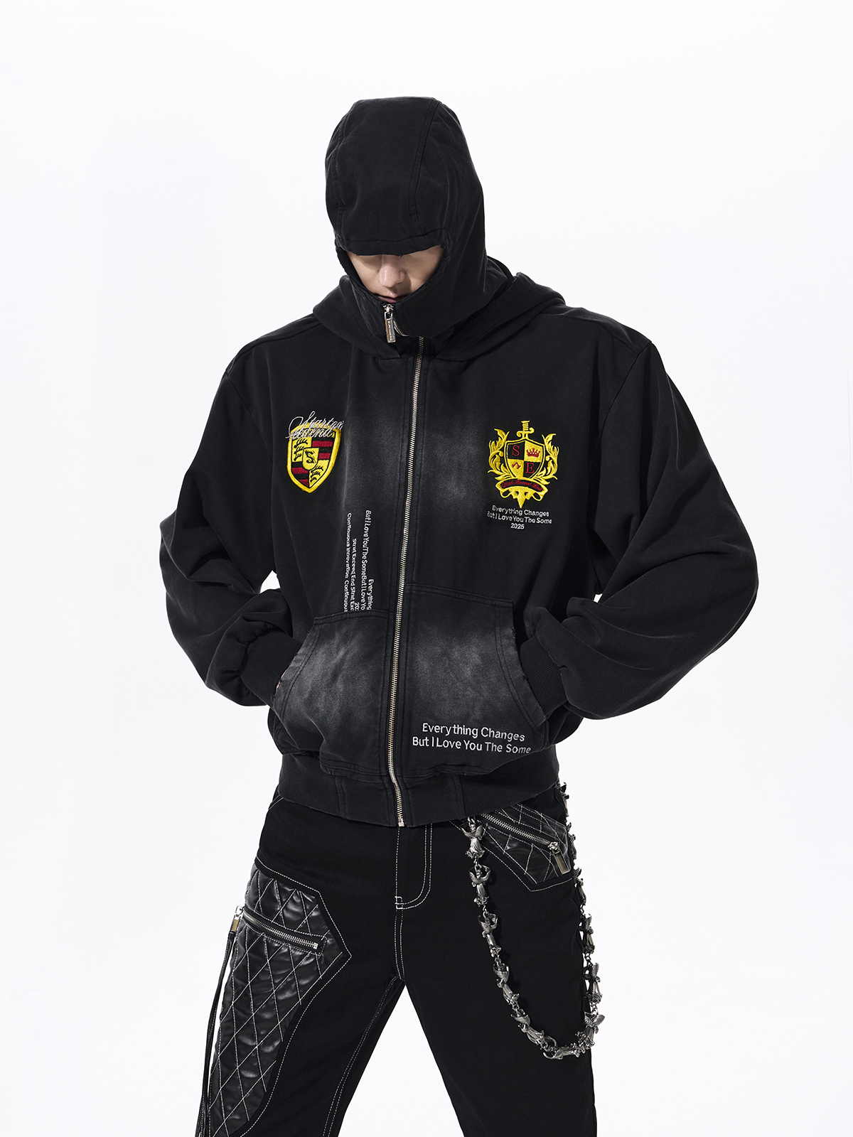 DISTRESSED CREST EMBROIDERY BALACLAVA HOODIE